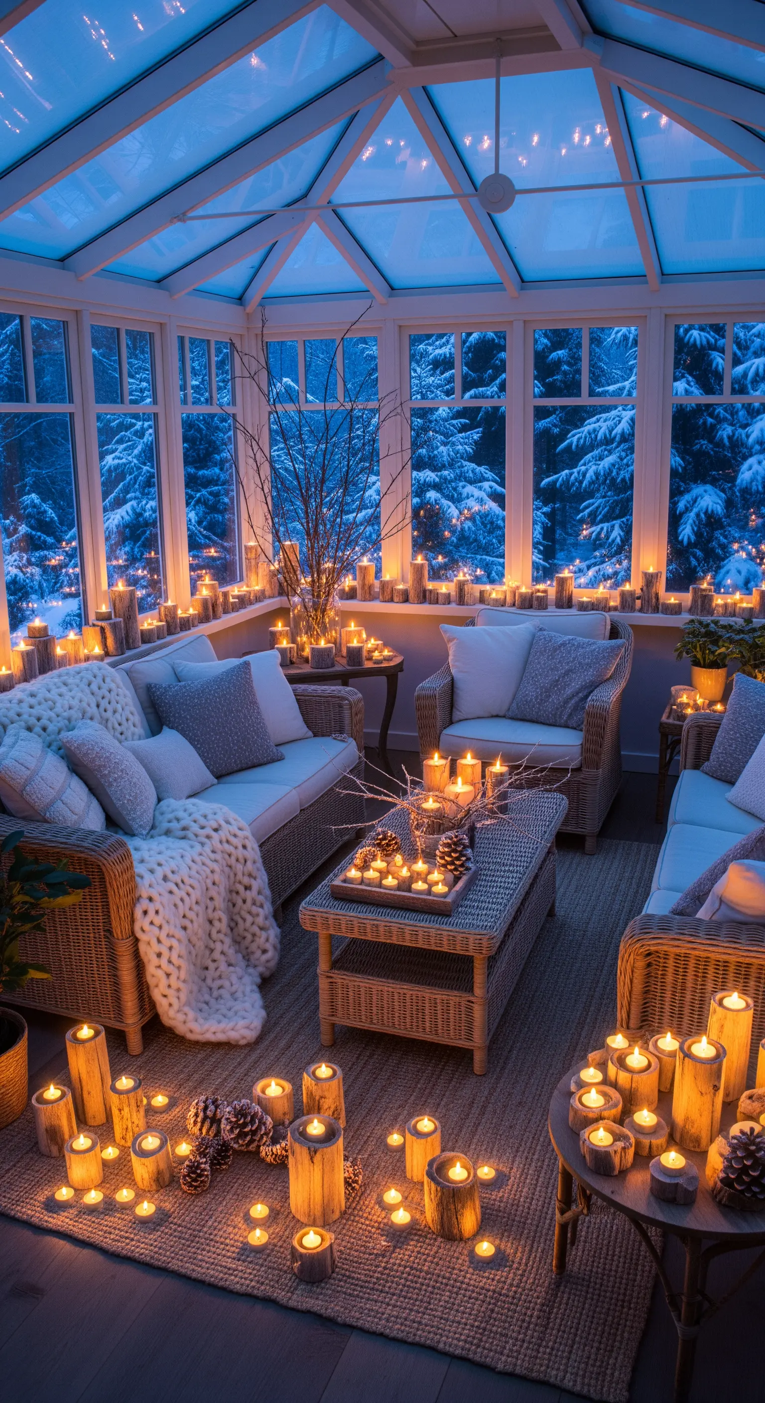 Wintergarten, viele Kerzen, schneebedeckte Bäume