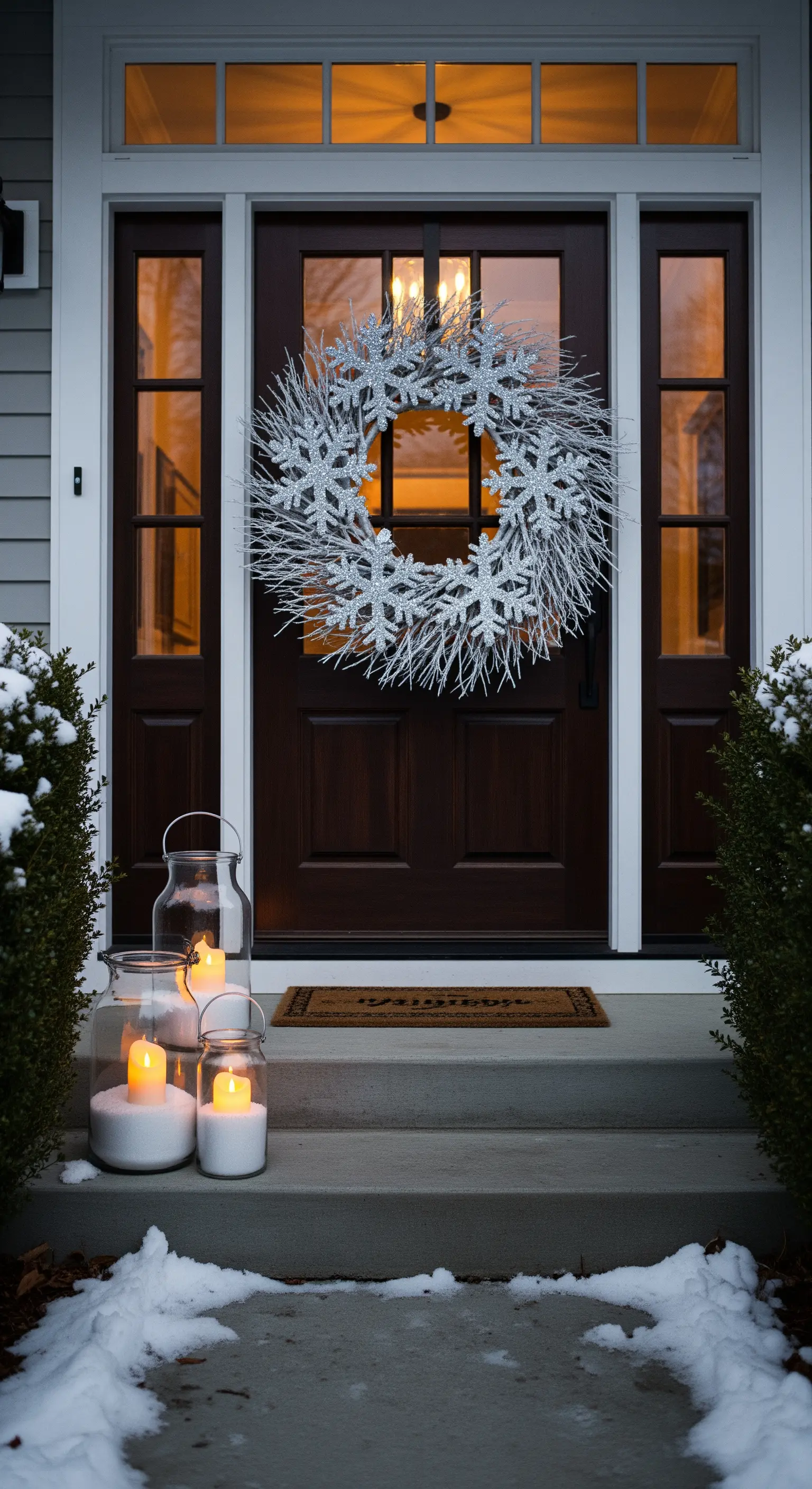 Haustür mit glitzerndem Schneeflocken-Kranz und beleuchteten Laternen