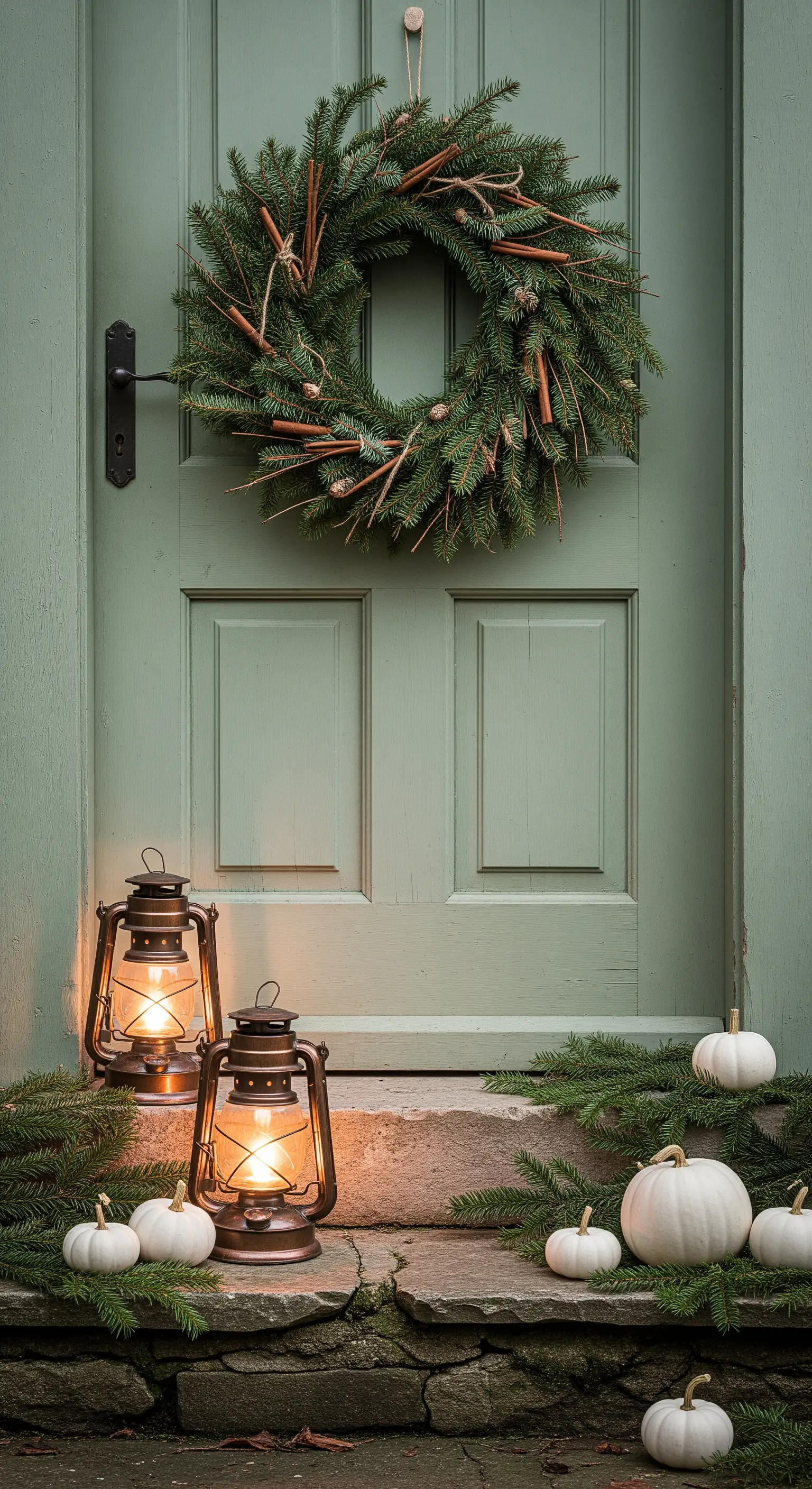 Pastellgrüne Tür mit Tannenkranz, rustikalen Laternen und weißen Zierkürbissen.