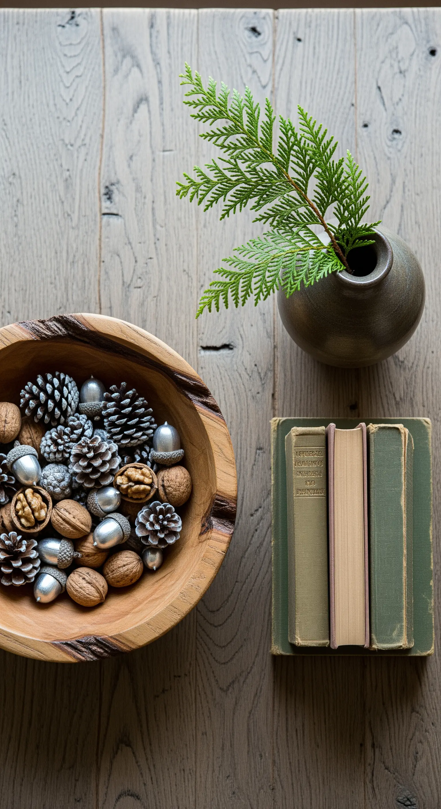 Holzschale mit Zapfen, Nüssen und Eicheln, Vase mit Zweig, Bücher