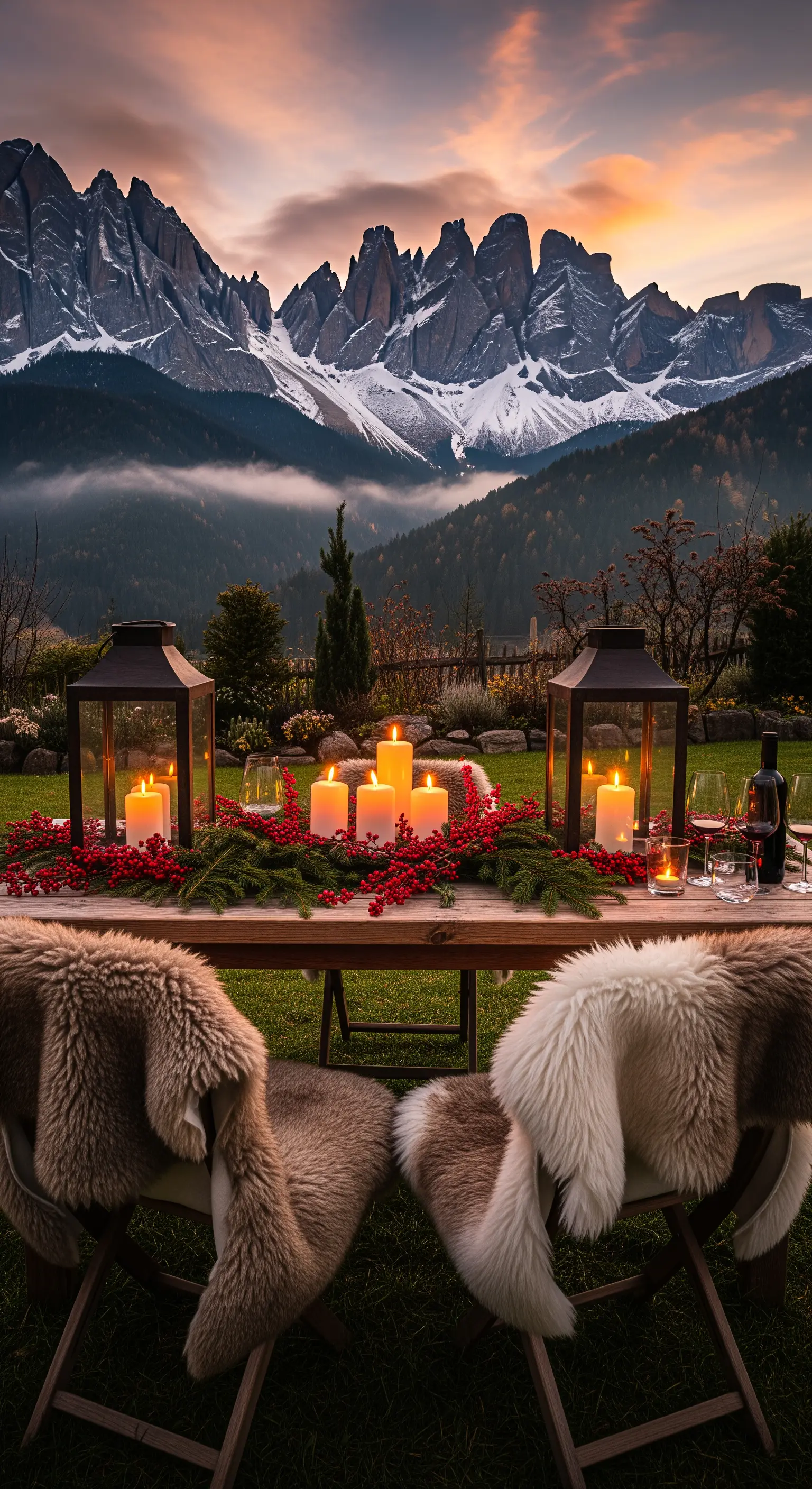 Holztisch mit Beeren-Girlande, Laternen, Kerzen und Fellüberzügen auf Stühlen vor Bergpanorama.