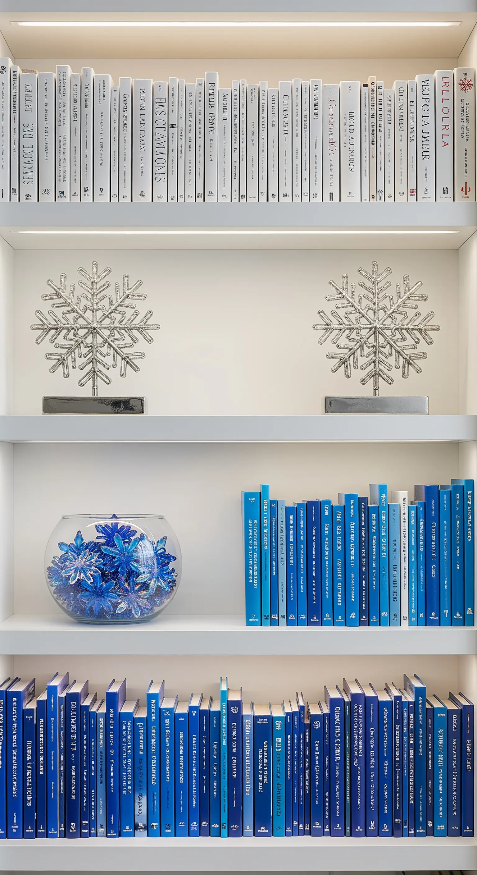 Buchregal mit blauen Büchern, silbernen Schneeflocken-Skulpturen und blauen Kugeln im Glas