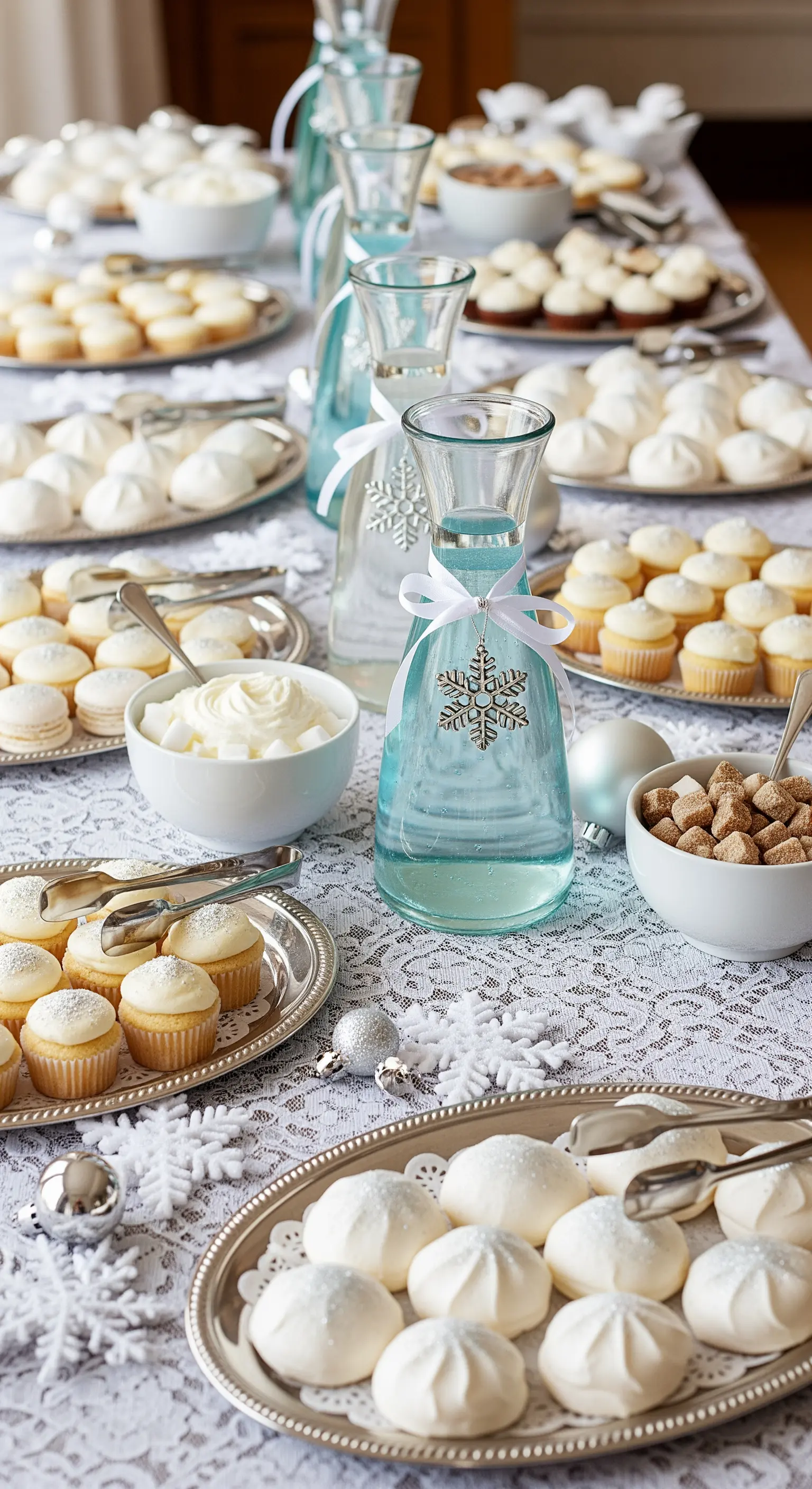 Desserttafel mit weißen Baisers, Törtchen, blauen Karaffen und Schneeflocken-Dekoration
