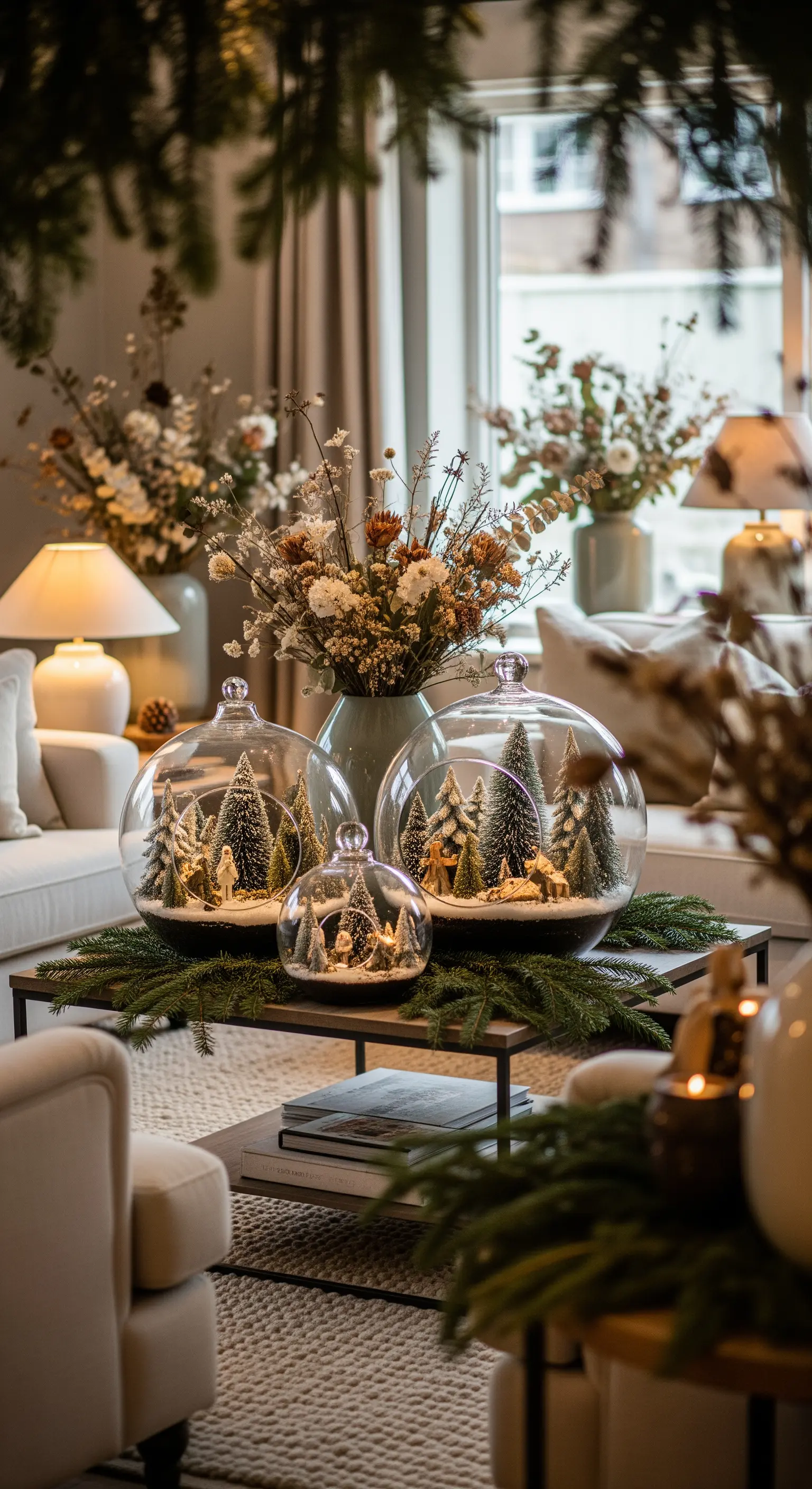 Couchtisch mit Glasglocken, die Miniatur-Winterlandschaften mit Tannenbäumen und Rentieren zeigen.