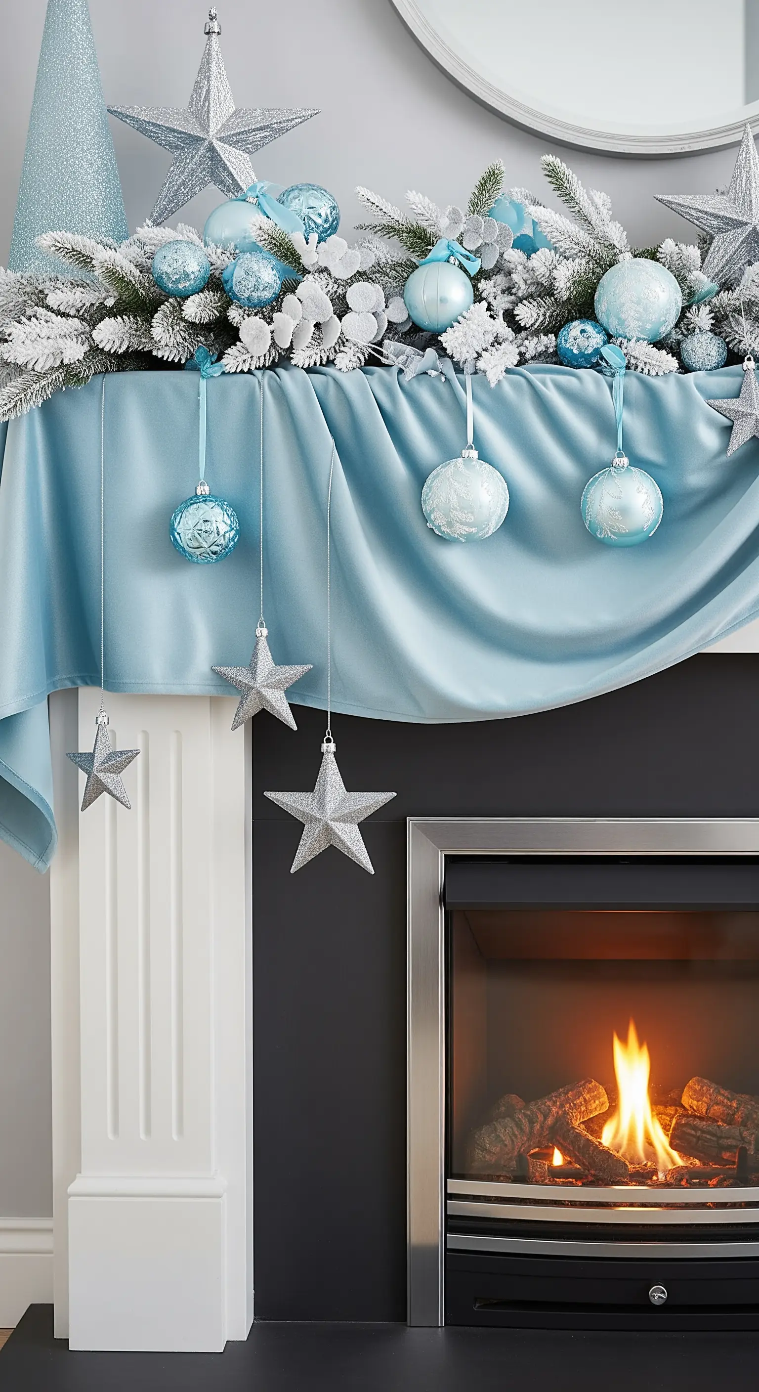 Kamin mit eisblauem Tuch, silber-blauer Girlande und hängenden Sternen