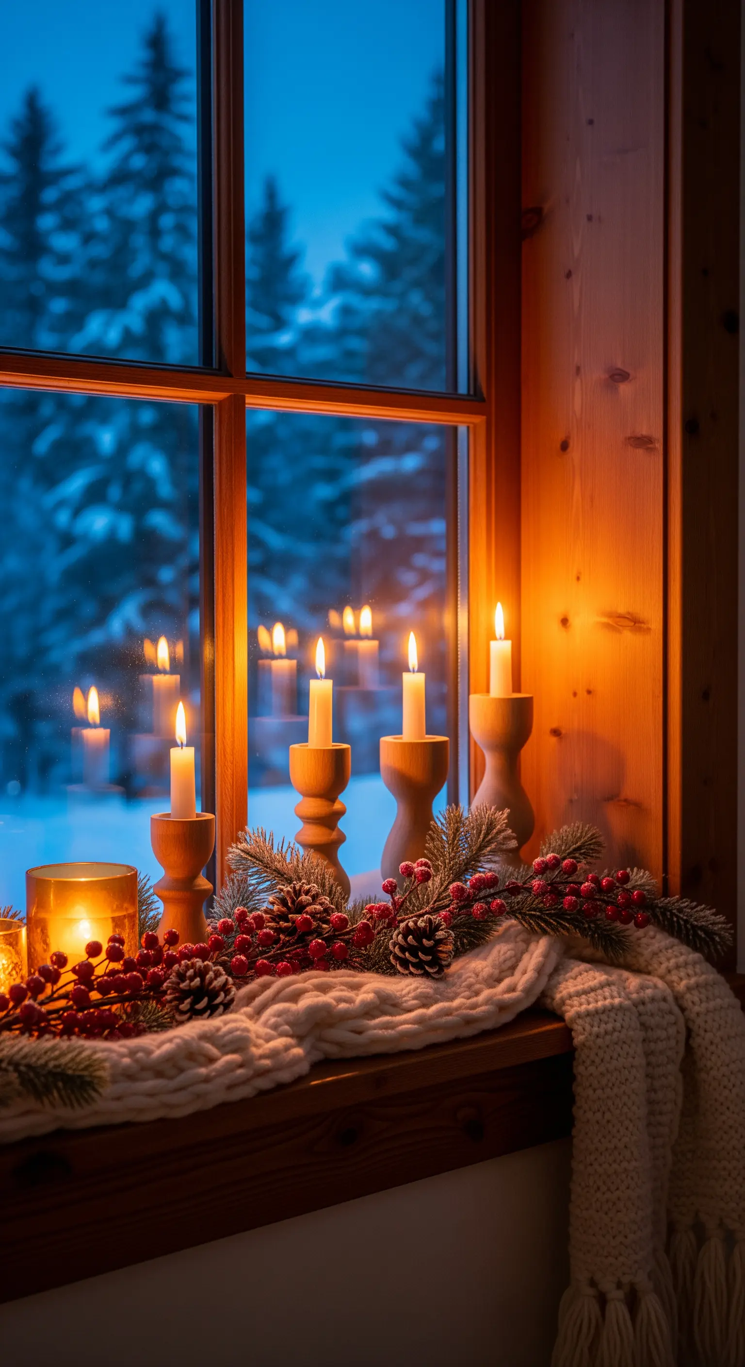 Fensterbank mit Holzkernhaltern, Beeren, Zapfen, Strickgirlande und Winteraussicht.