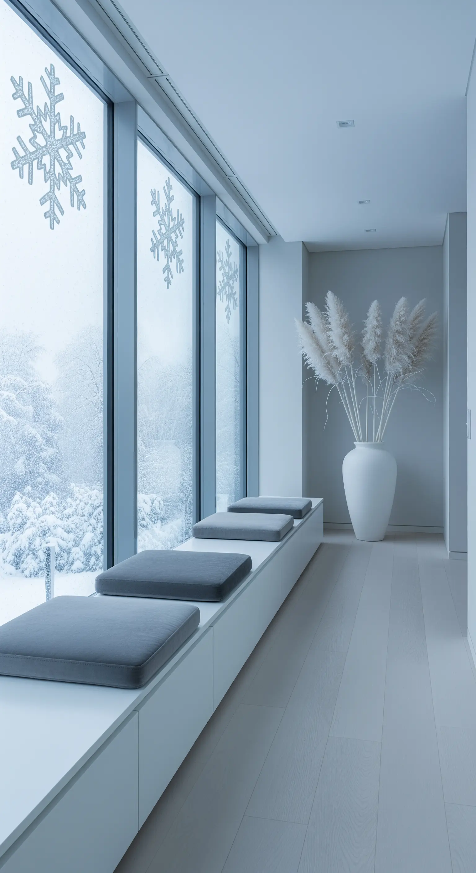 Fensterbank mit grauen Kissen, Pampasgras und Schneeflocken-Stickern.