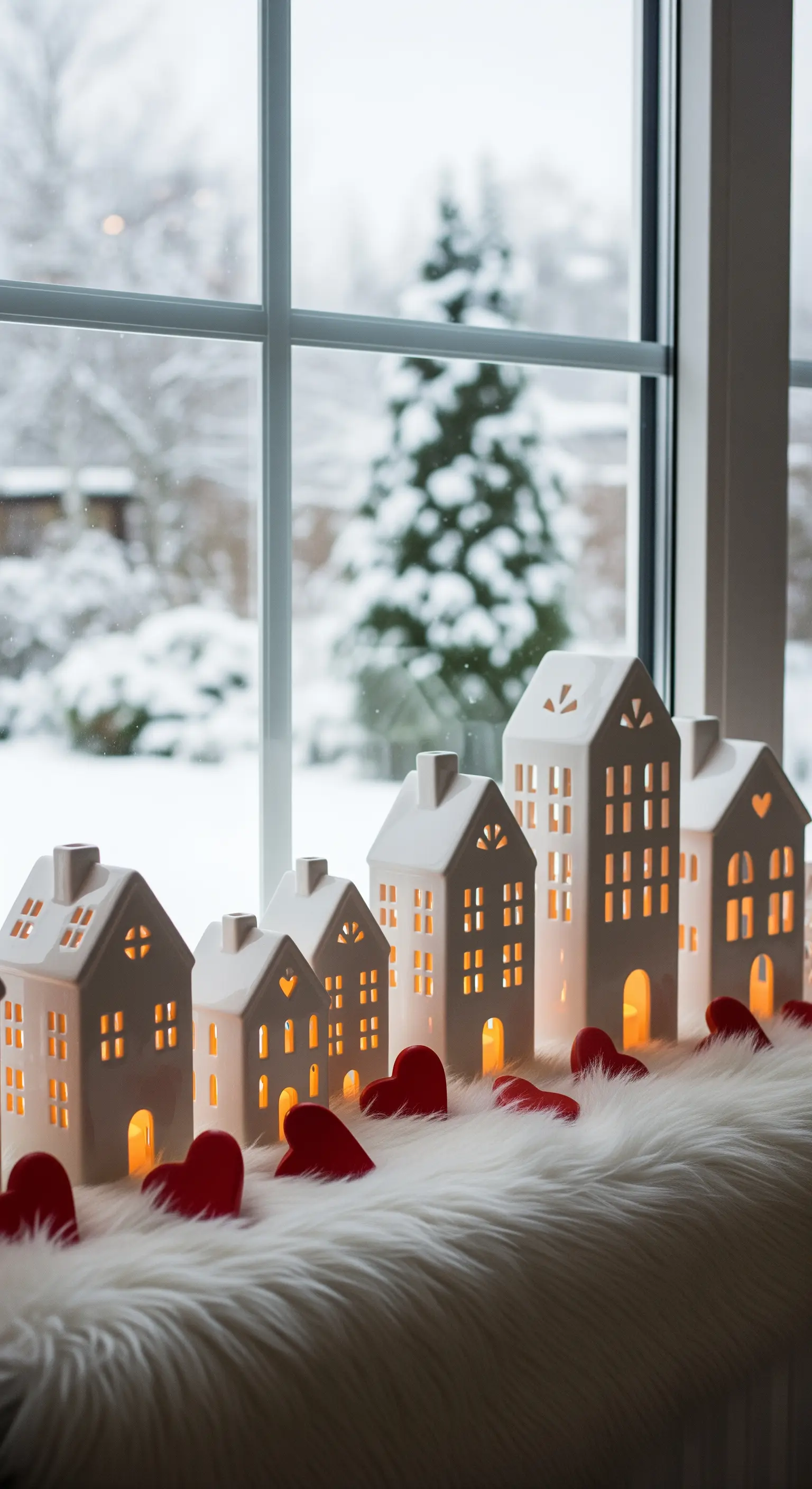 Fensterbank mit leuchtenden Porzellan-Lichthäusern, weißen Fellteppich und roten Herzen.