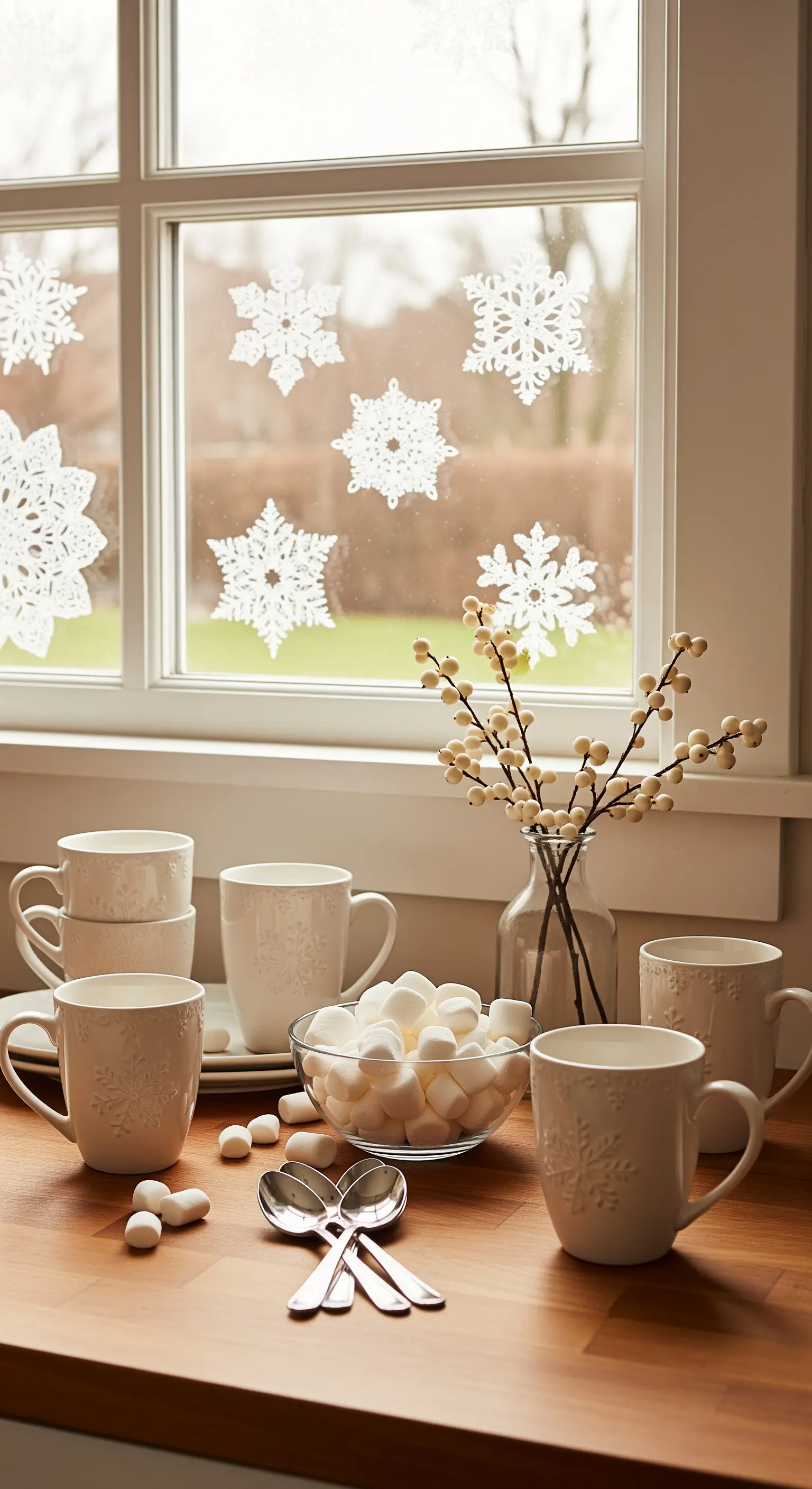 Fensterbank mit weißen Schneeflocken-Stickern, Beeren, Tassen und Marshmallows