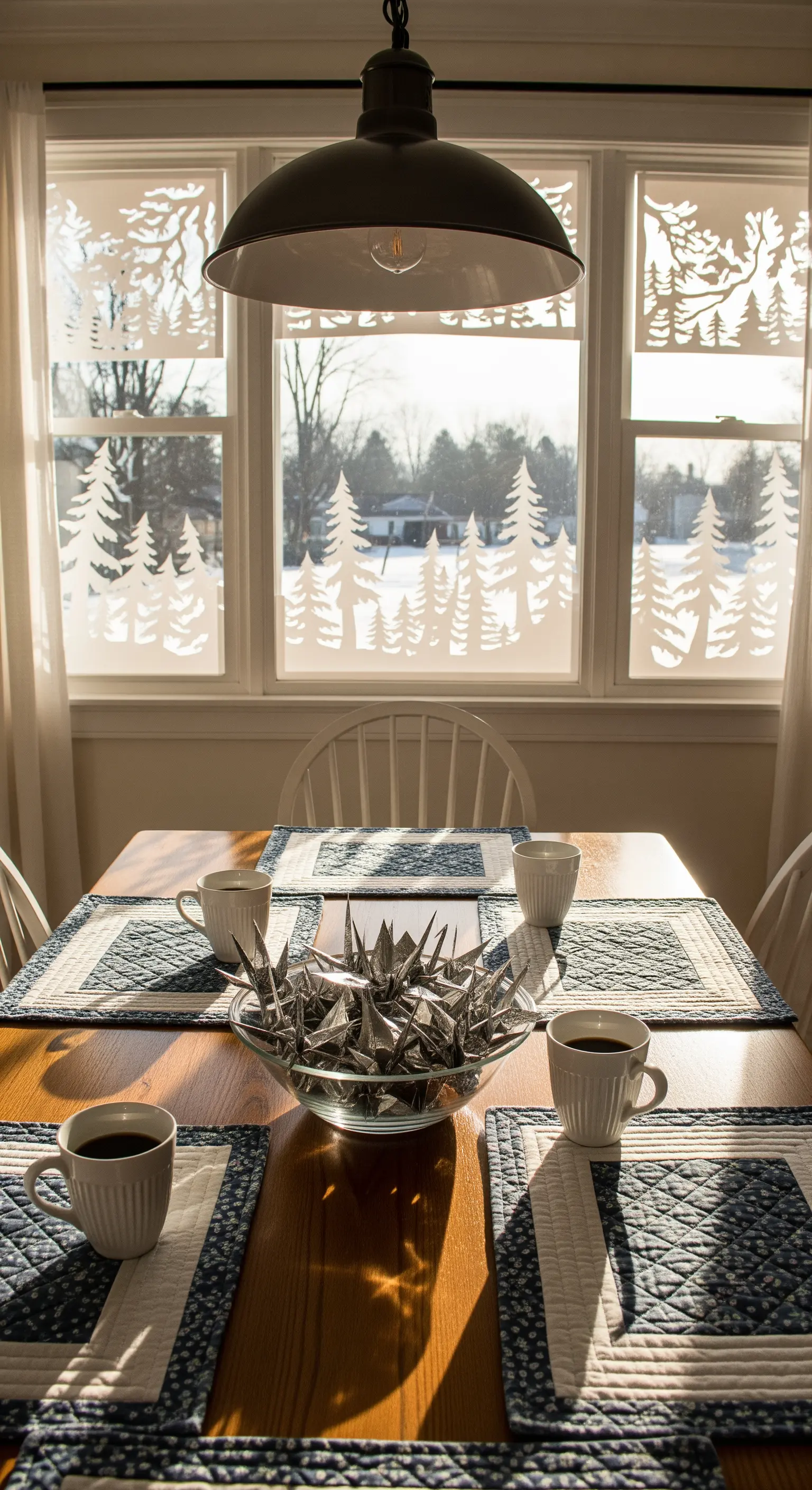 Fenster mit Wald-Papier-Scherenschnitten und Origami-Kraniche auf dem Tisch