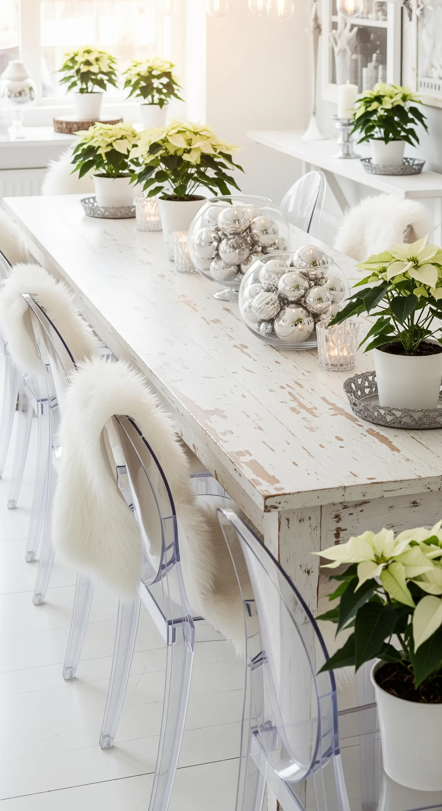 Weißer Holztisch mit Weihnachtssternen, silbernen Kugeln und Fellauflagen
