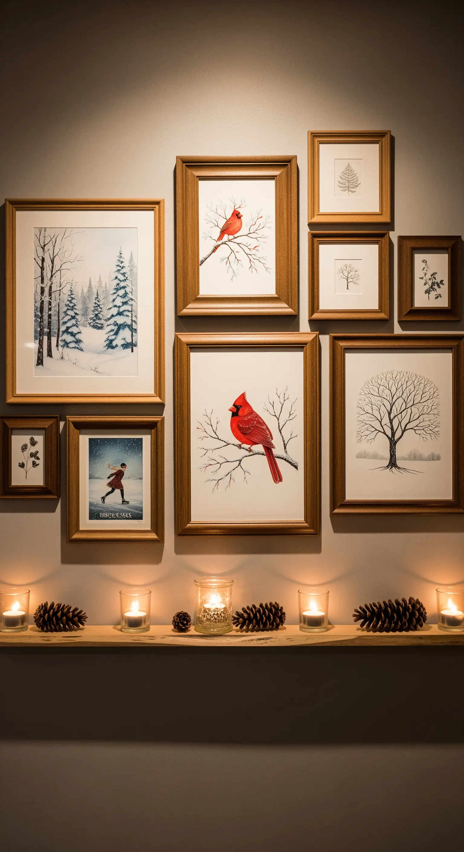 Galerie-Wand mit Winterbildern, Holzregal, Kerzen und Kiefernzapfen.