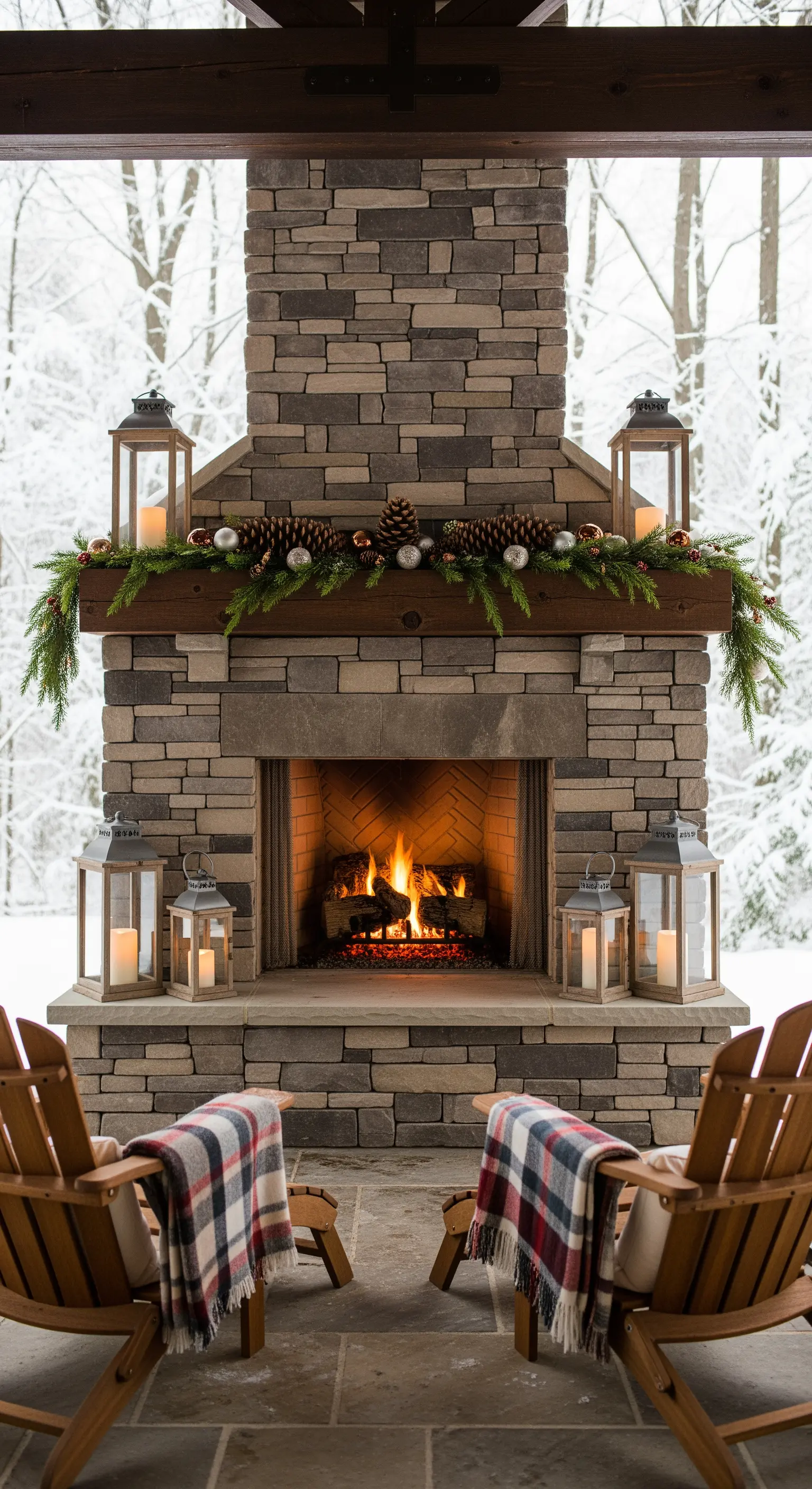 Außenkamin aus Stein, dekoriert für den Winter mit Girlande und Laternen.
