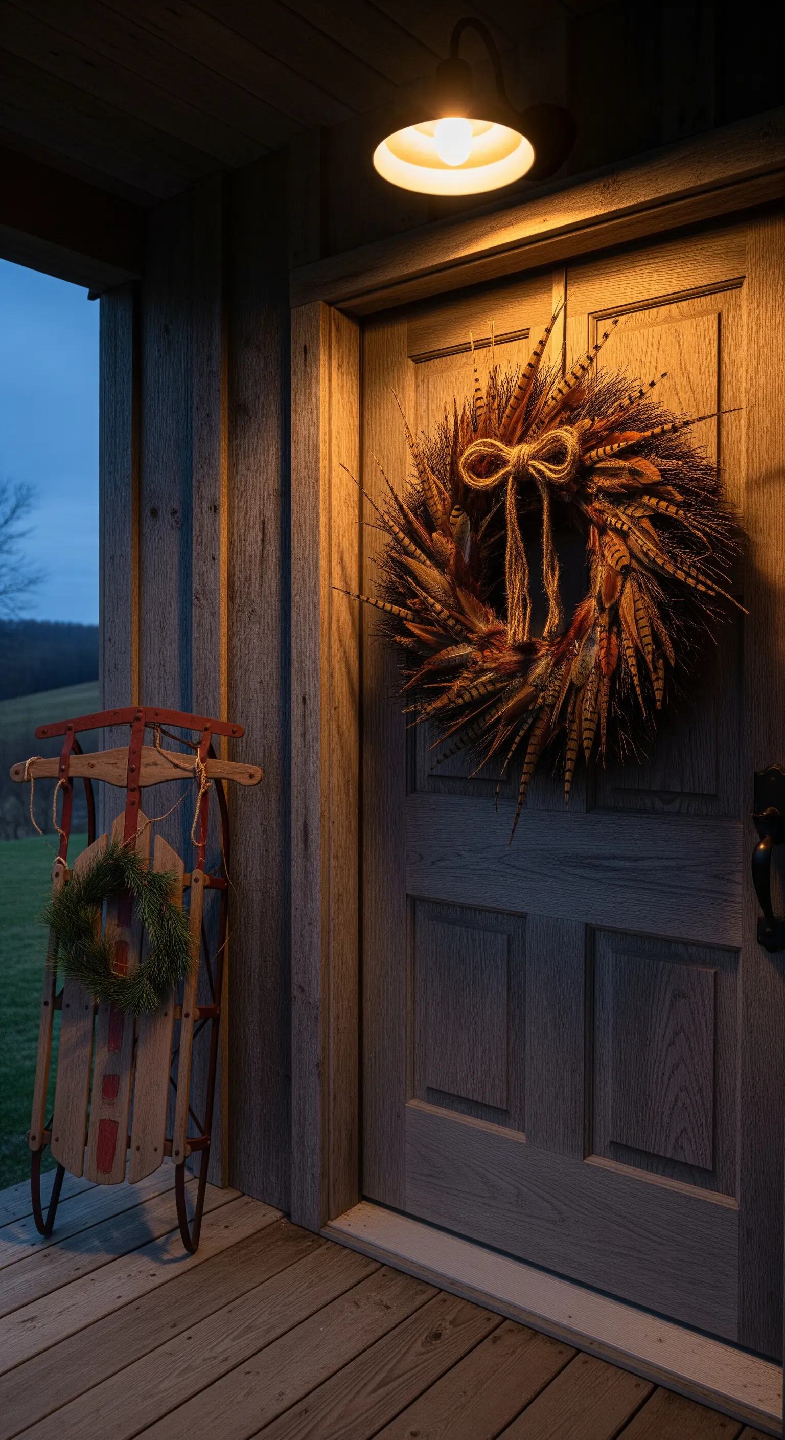 Federkranz an Holztür, Vintage-Holzschlitten mit kleinem Kranz