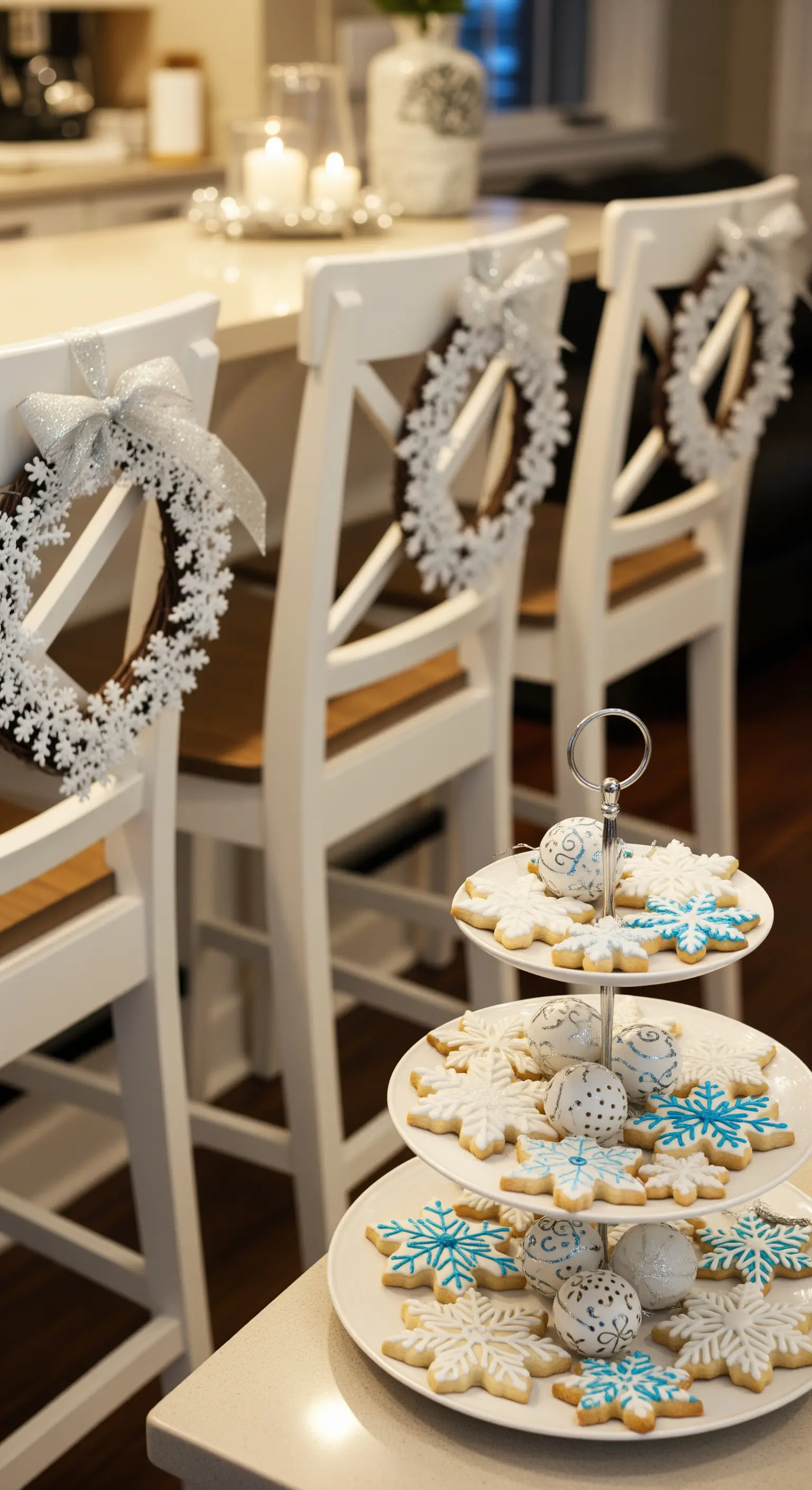 Kuchentafel mit Etageren voller Schneeflocken-Kekse und Stühle mit kleinen Schneeflocken-Kränzen