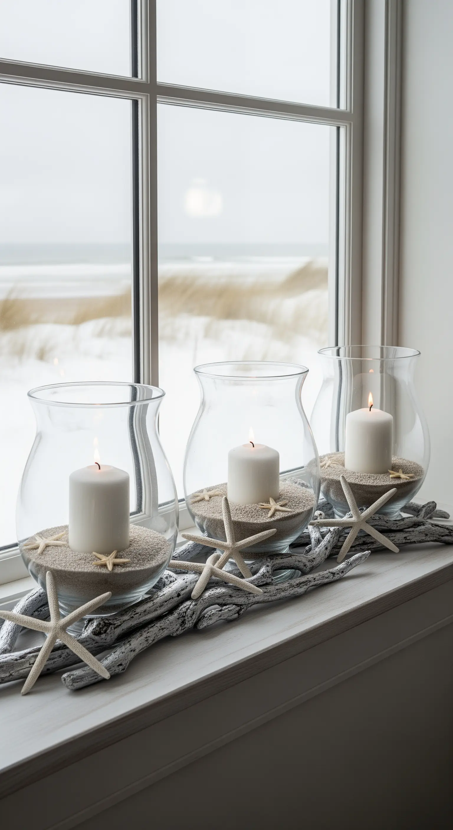 Kerzen in Glasvasen mit Sand, umgeben von Treibholz und Seesternen.