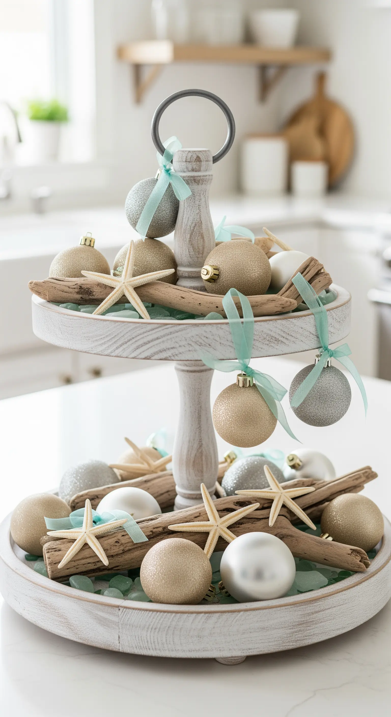 Weiß gekalkte Etagere mit Treibholz, Seesternen und Kugeln in Sand- und Silbertönen.