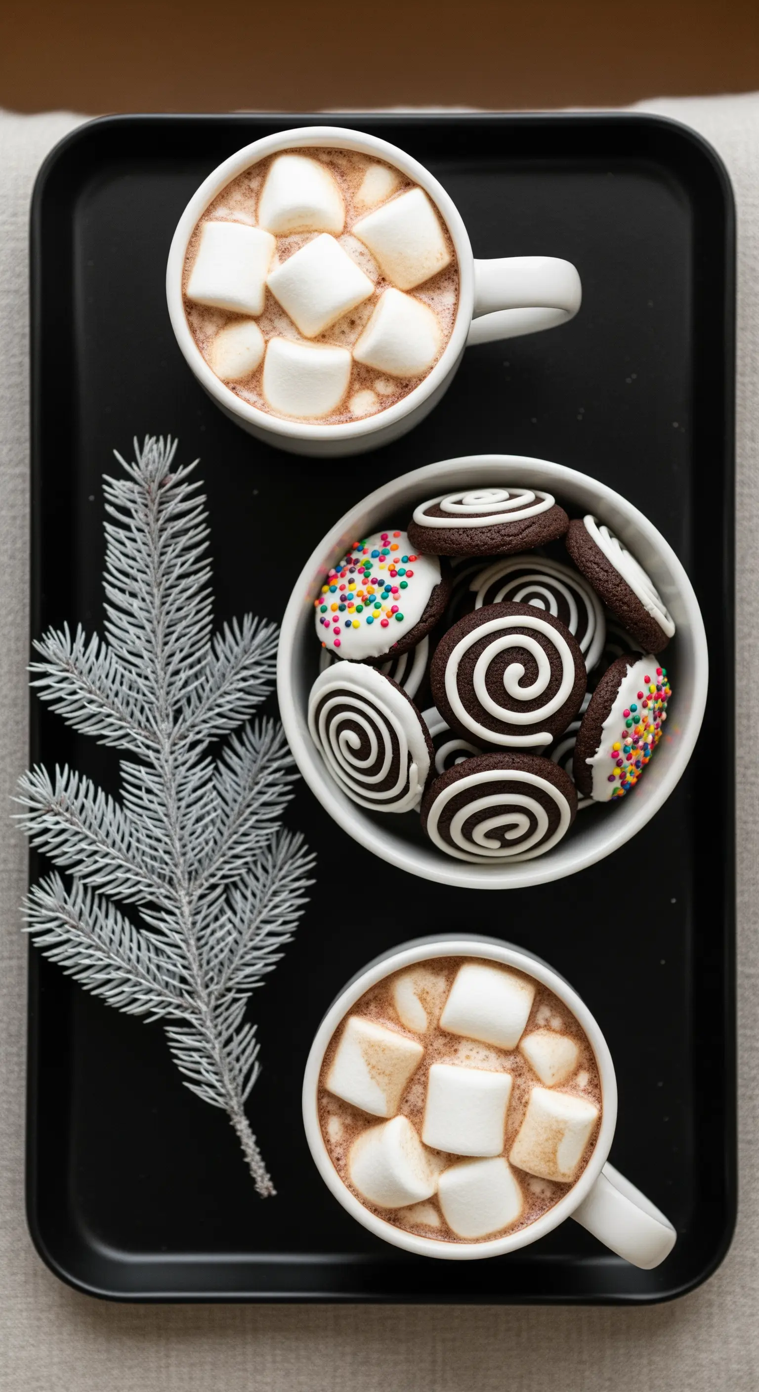 Heißer Kakao mit Marshmallows und Plätzchen auf schwarzem Tablett.