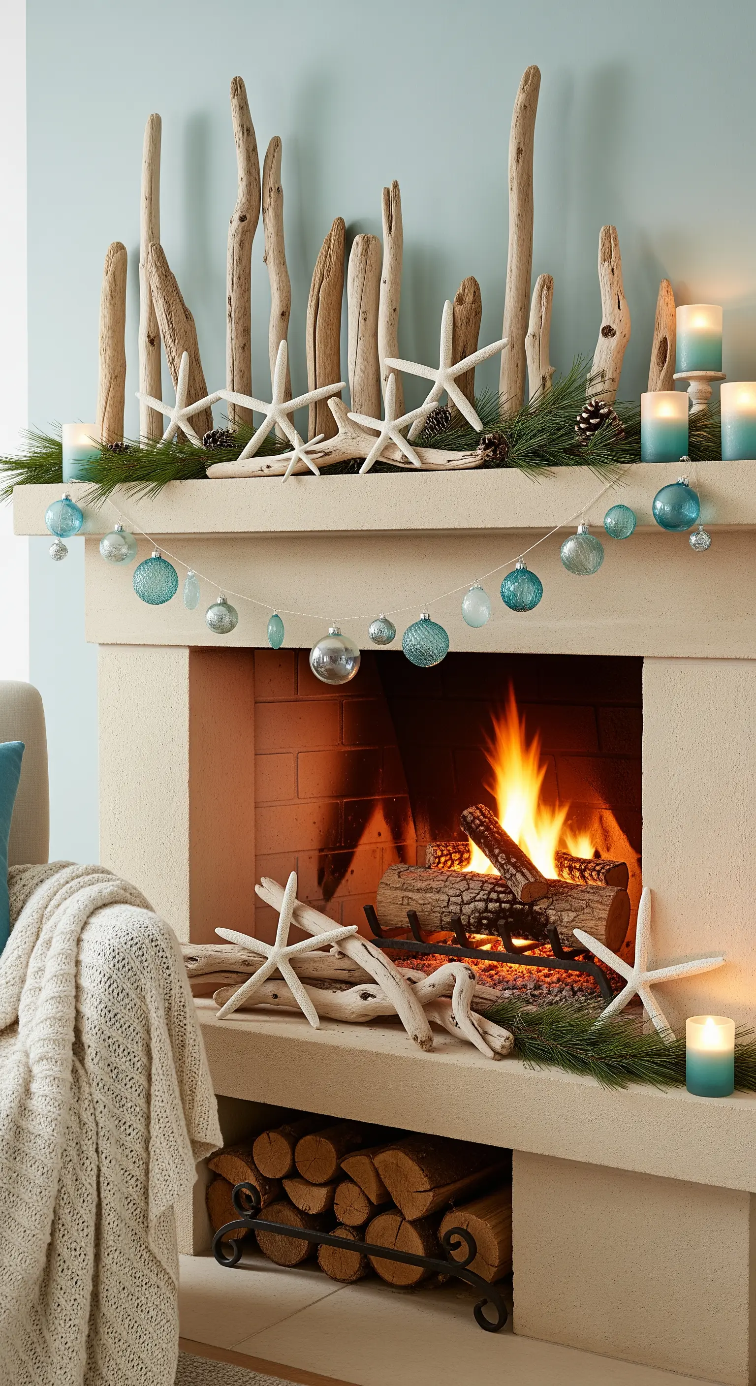 Kamin im Küstenstil mit Treibholz, Seesternen, blauen Kugeln und Kerzen