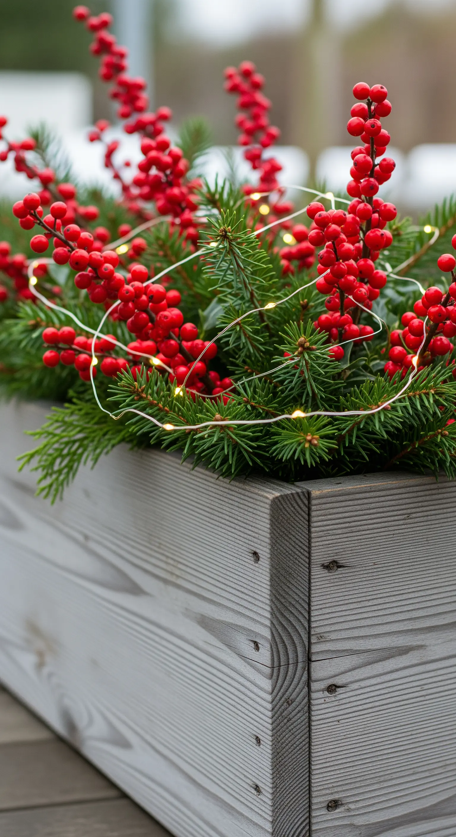 Holzkiste gefüllt mit immergrünen Zweigen, roten Beeren und feinen Lichterketten.