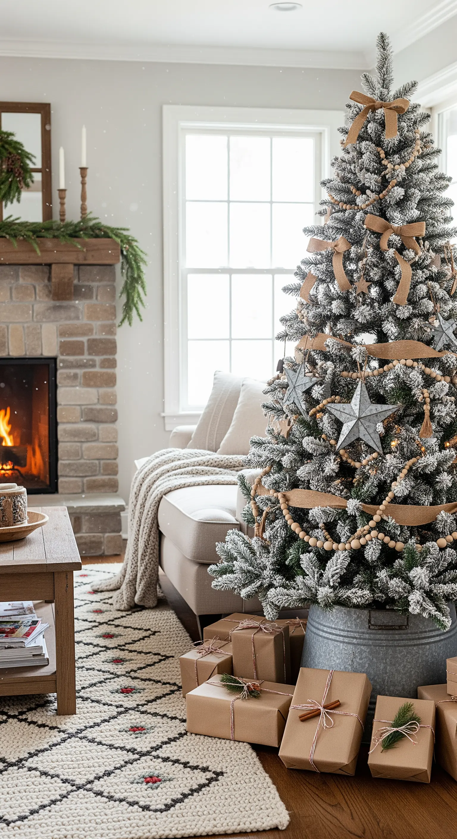 Beflockter Weihnachtsbaum mit Juteband, Holzperlen, Zinksternen und Zinkeimer als Ständer.