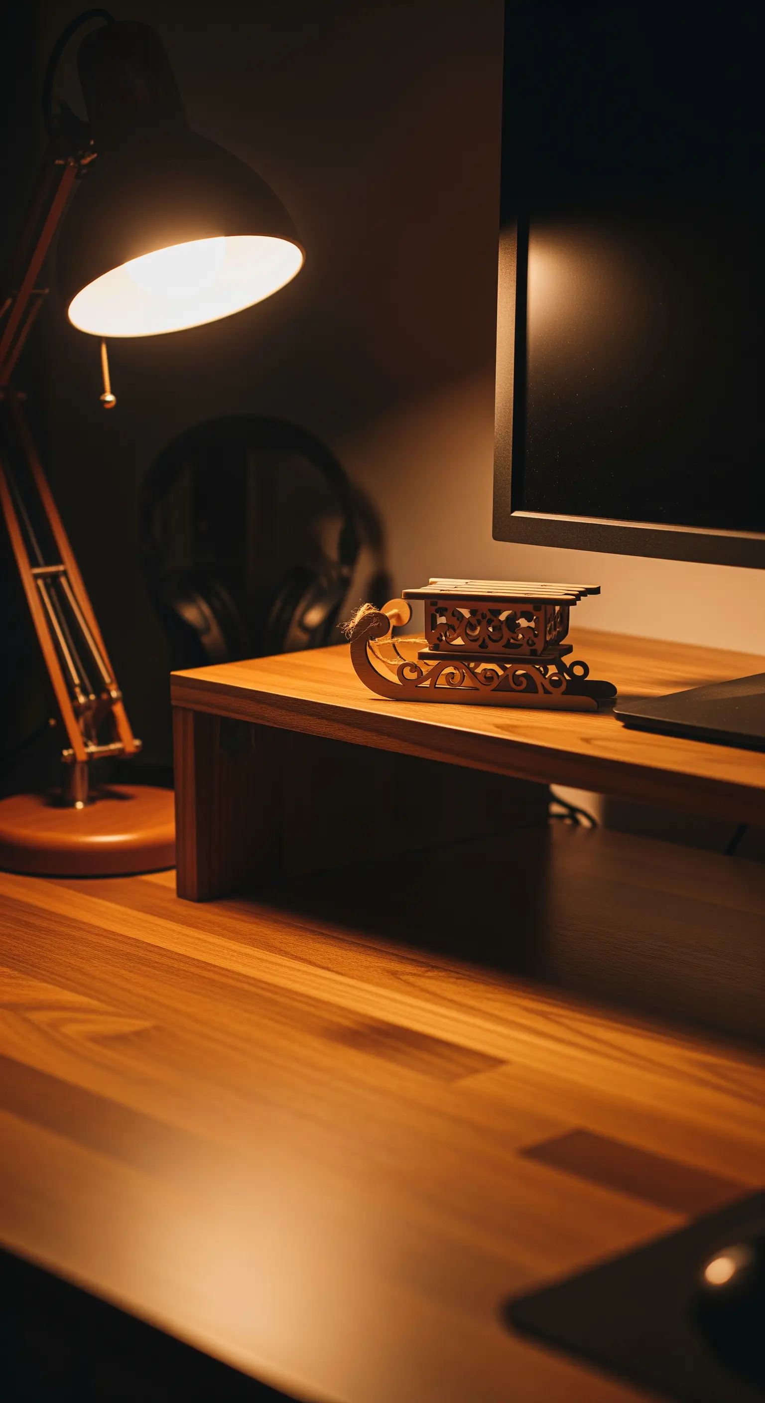 Holzschreibtisch mit Schreibtischlampe und kleinem Holzschlitten als Deko.