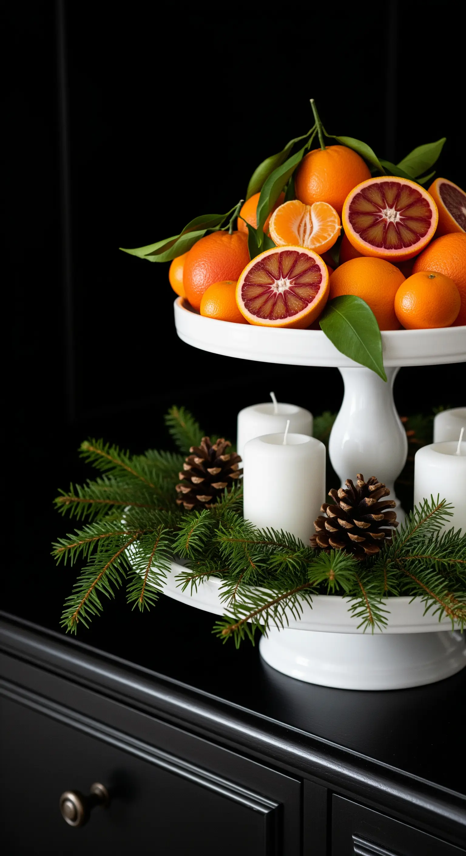 Weiße Etagere mit Blutorangen, Tannenzweigen und Kerzen vor schwarzem Hintergrund