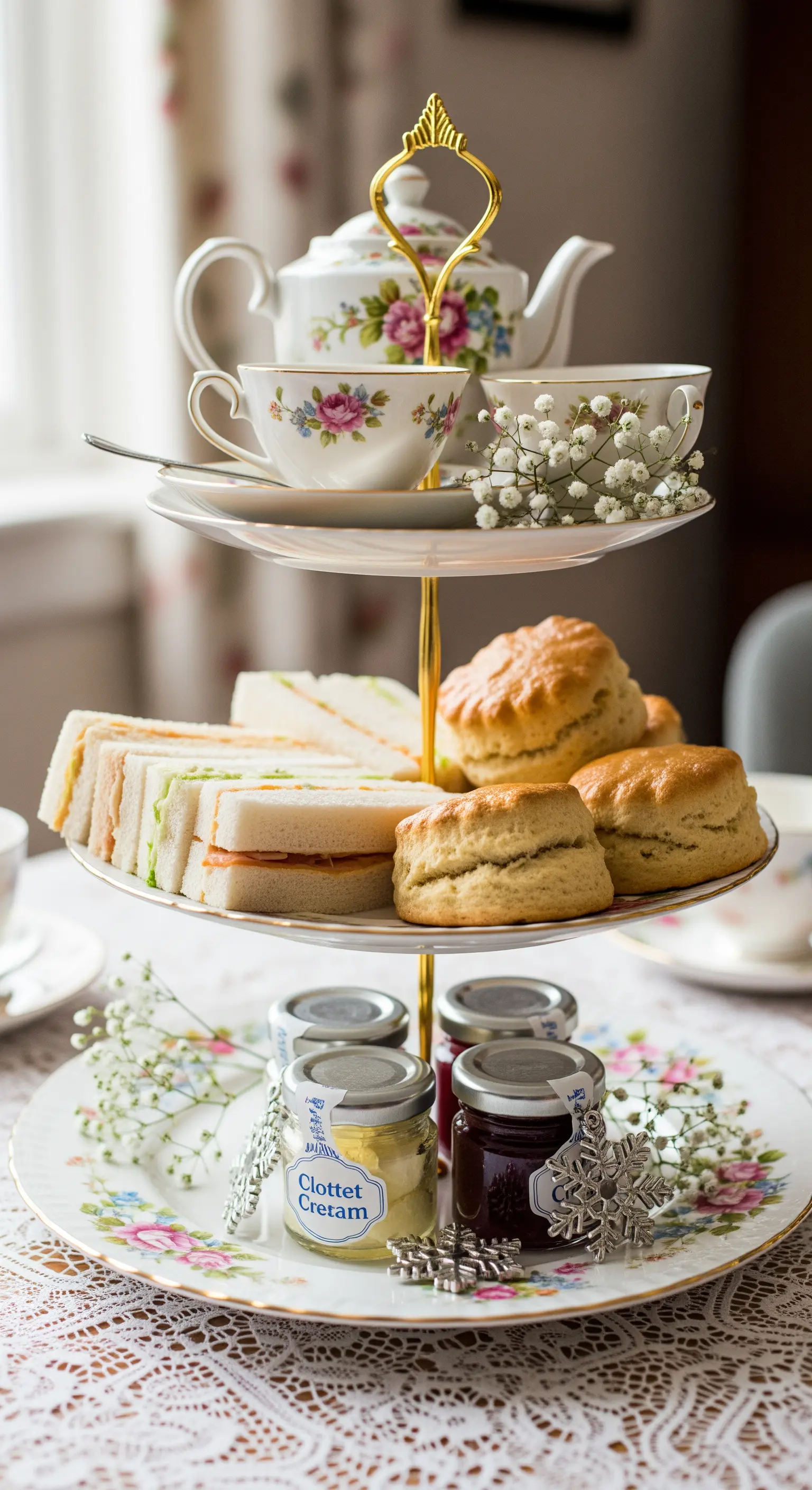 Klassische Etagere für einen winterlichen Afternoon Tea mit Scones und Sandwiches.