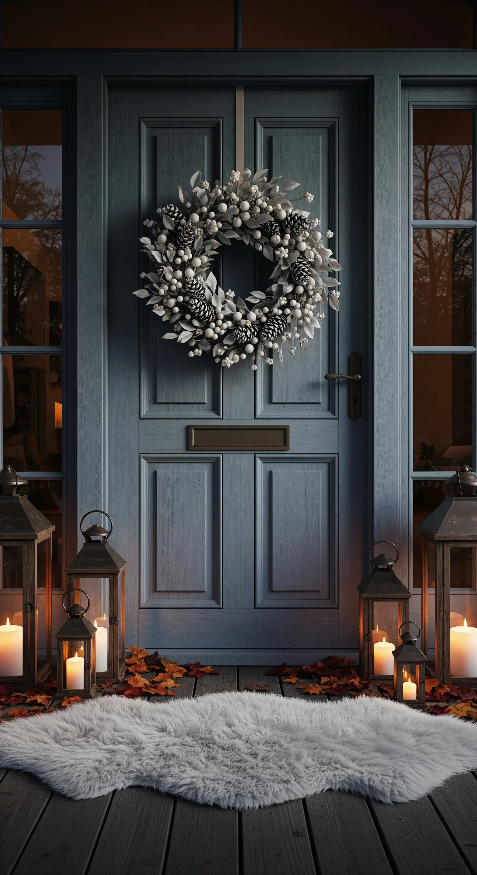 Helleblaue Tür mit frostgrauem Beeren-Zapfenkranz, Laternen und Kunstfellteppich