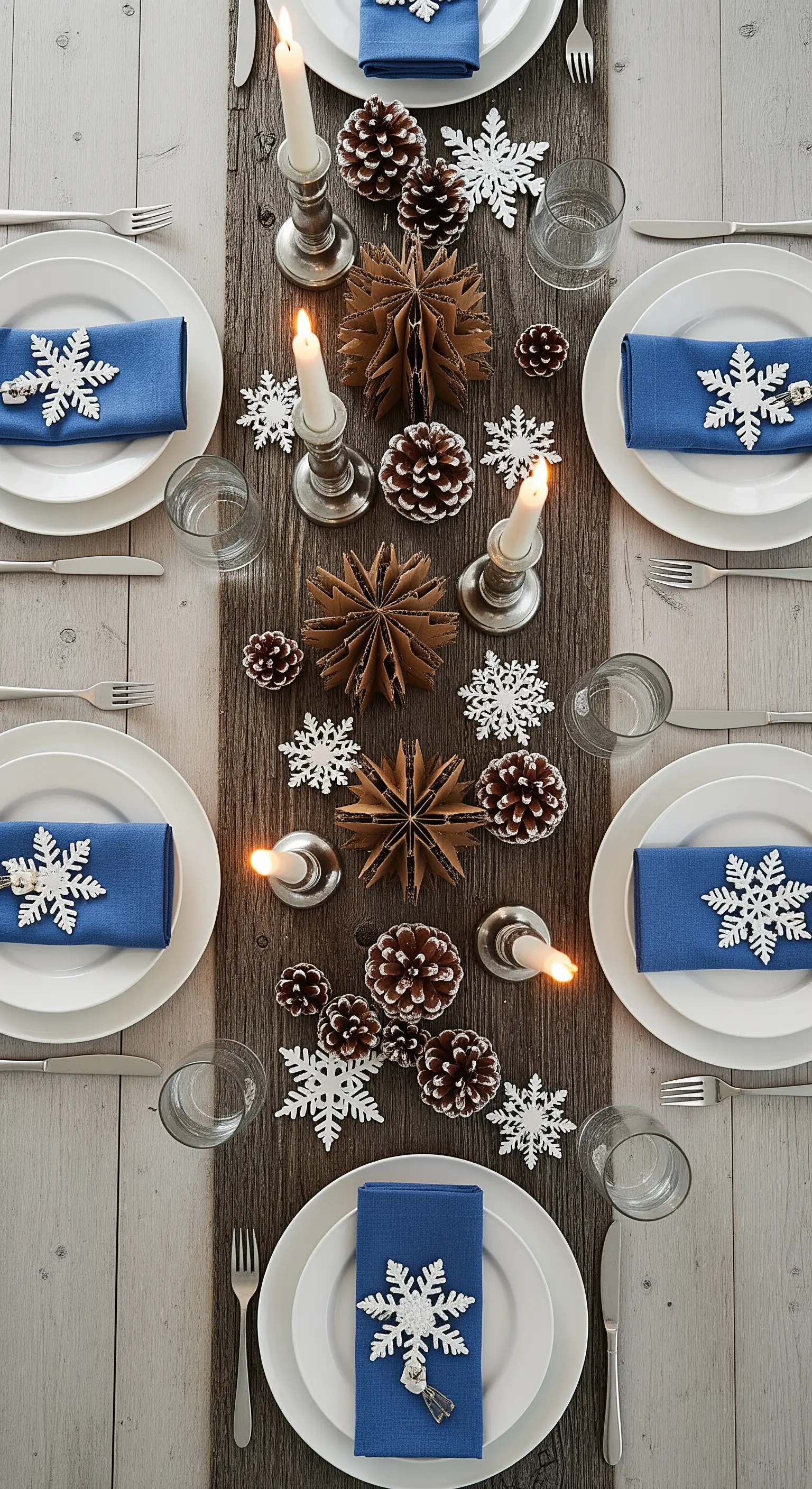 Esstisch mit Holzläufer, Tannenzapfen, Schneeflocken und blauen Servietten
