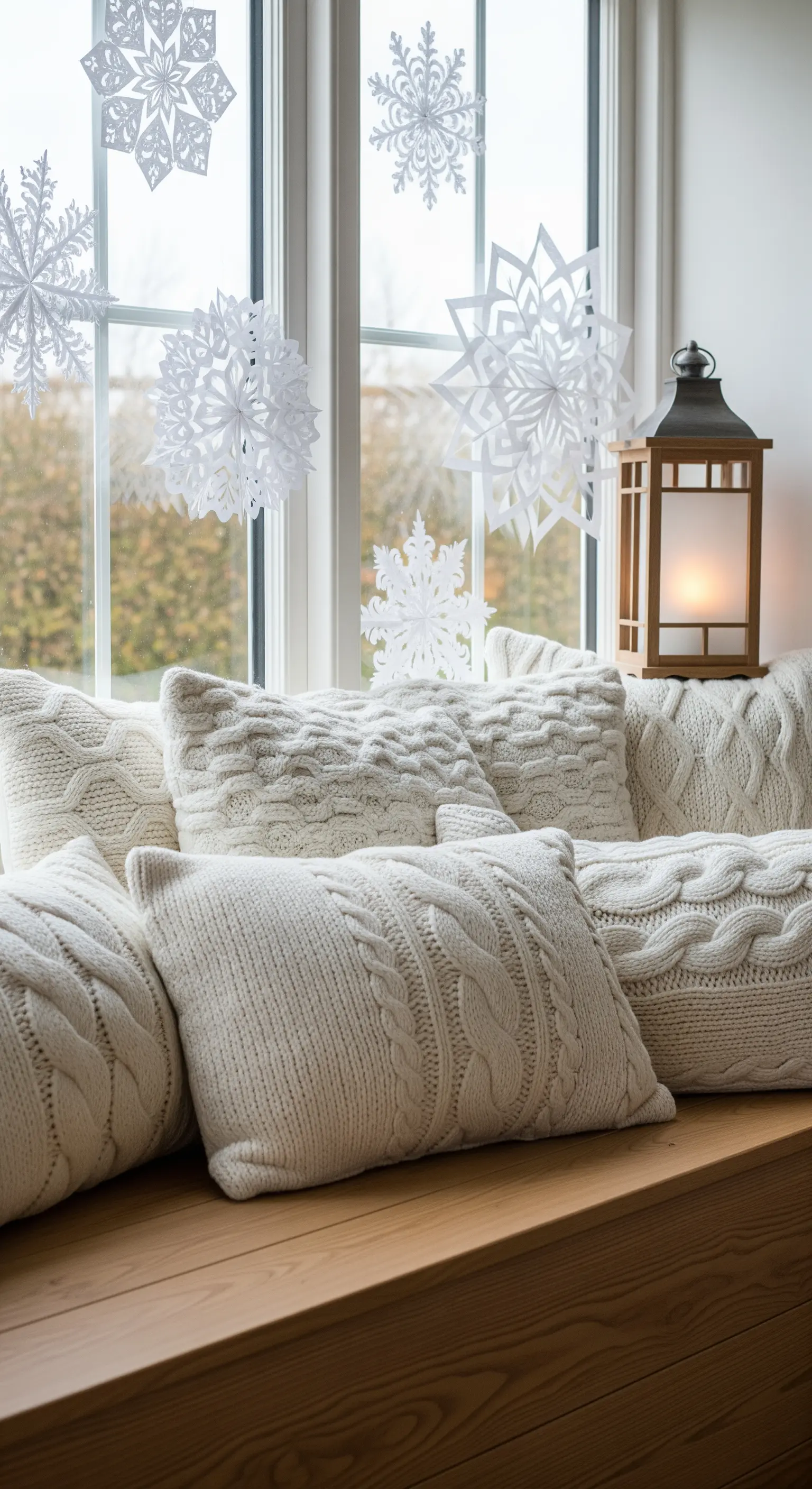 Fensterplatz mit Strickkissen und hängenden Papier-Schneeflocken