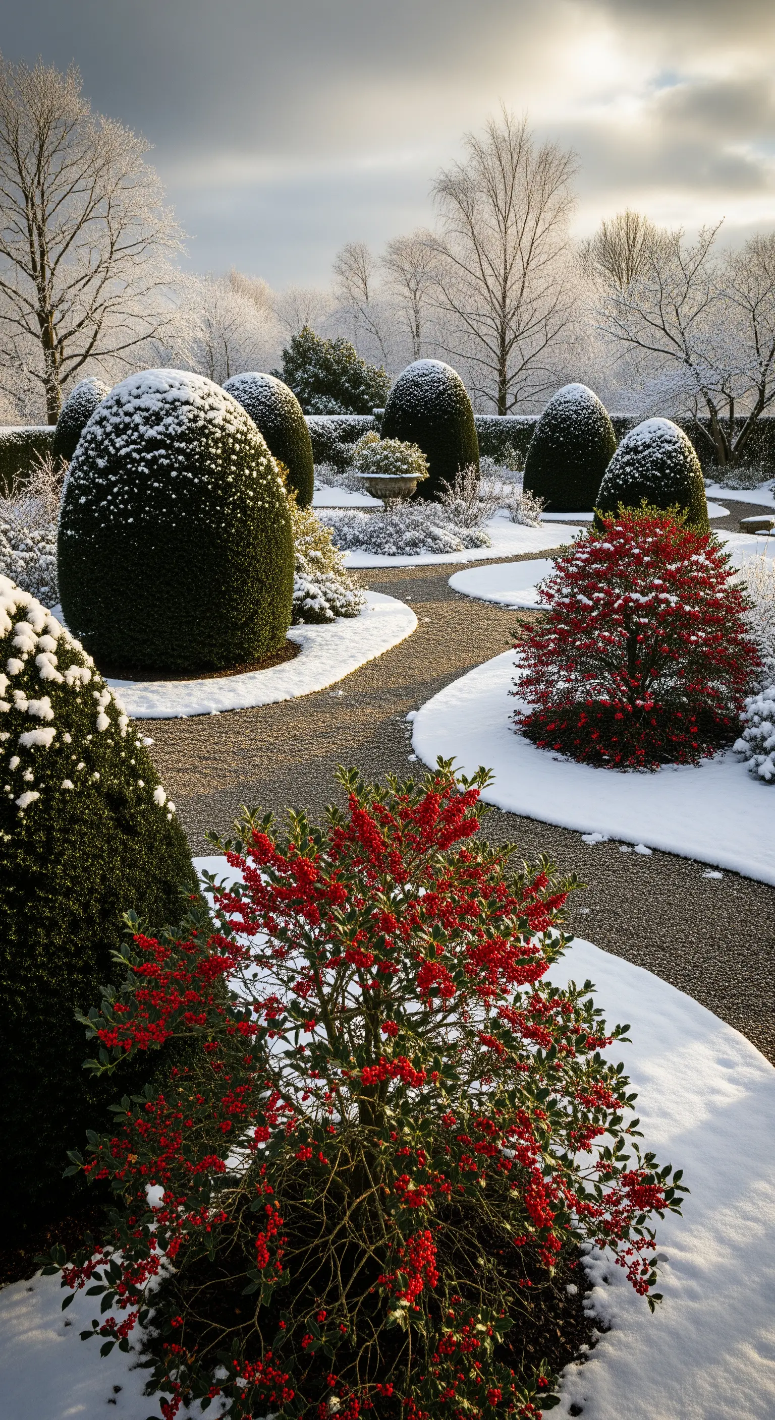 Kiesweg in Schnee, Formschnitt-Buchsbaum und rote Beerensträucher