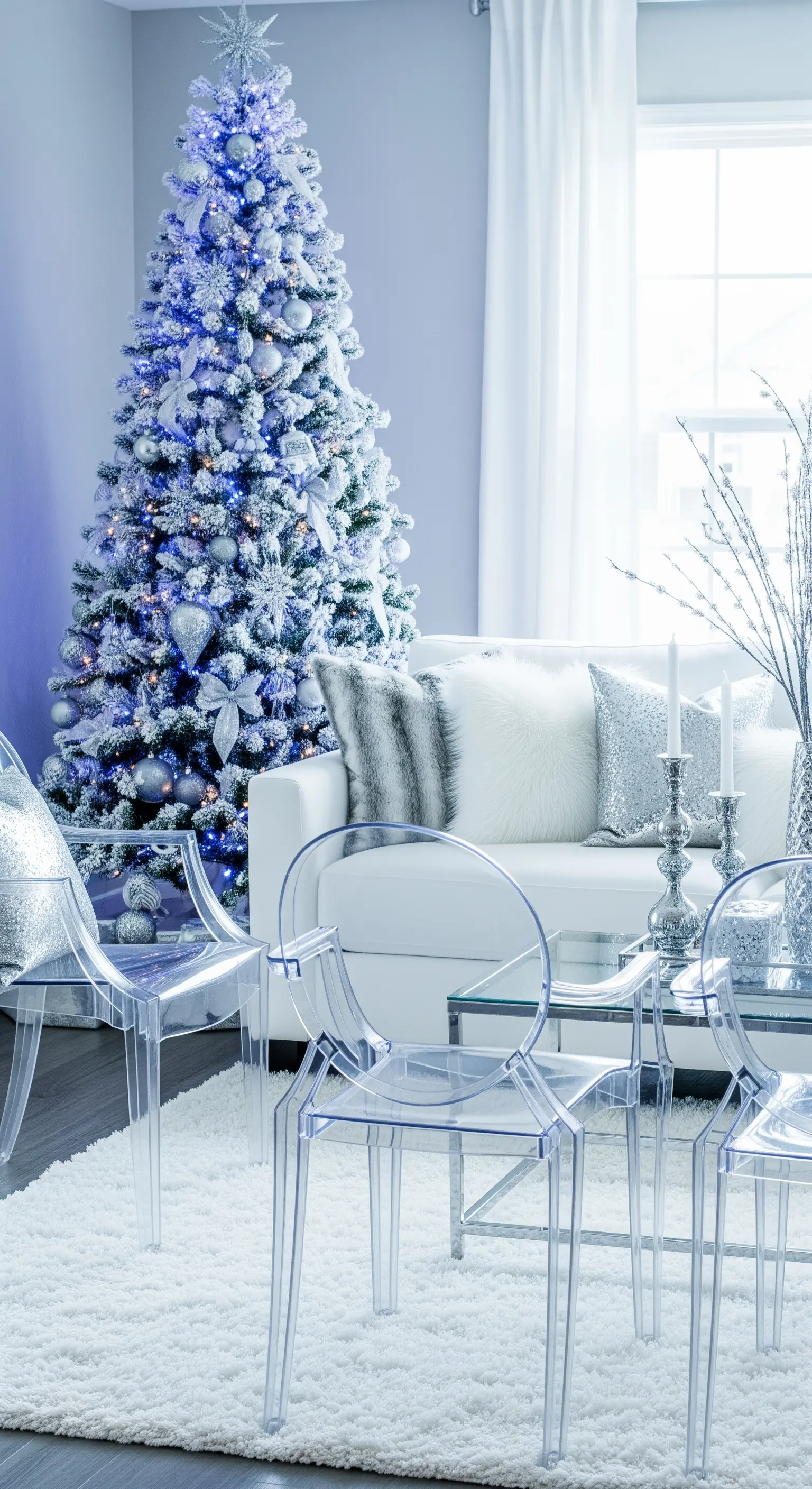 Glitzernde Weihnachtsdeko, eisblau, weißer Baum, transparente Stühle