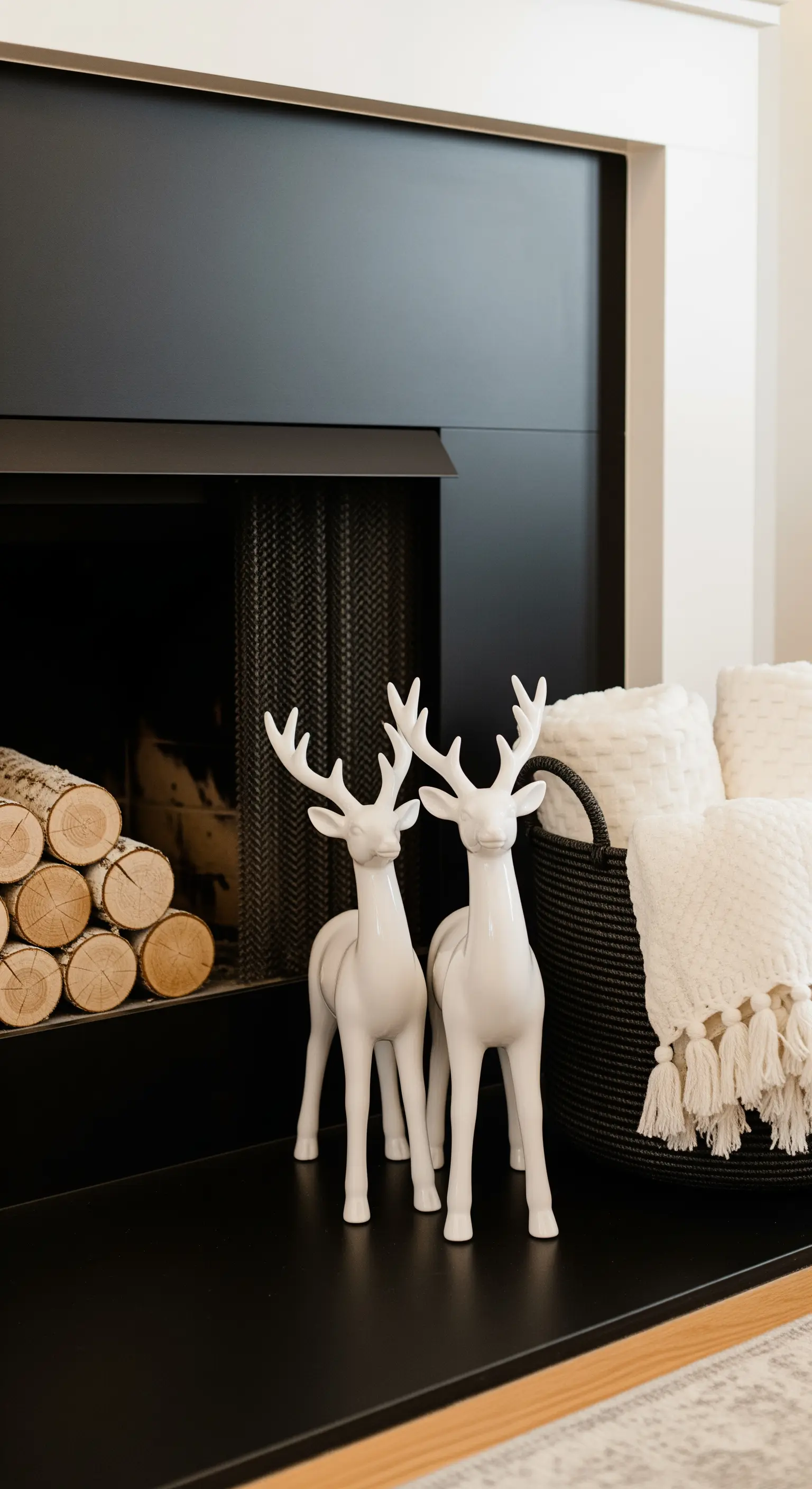 Kamin mit weißen Hirschfiguren und einem Korb voller Decken.