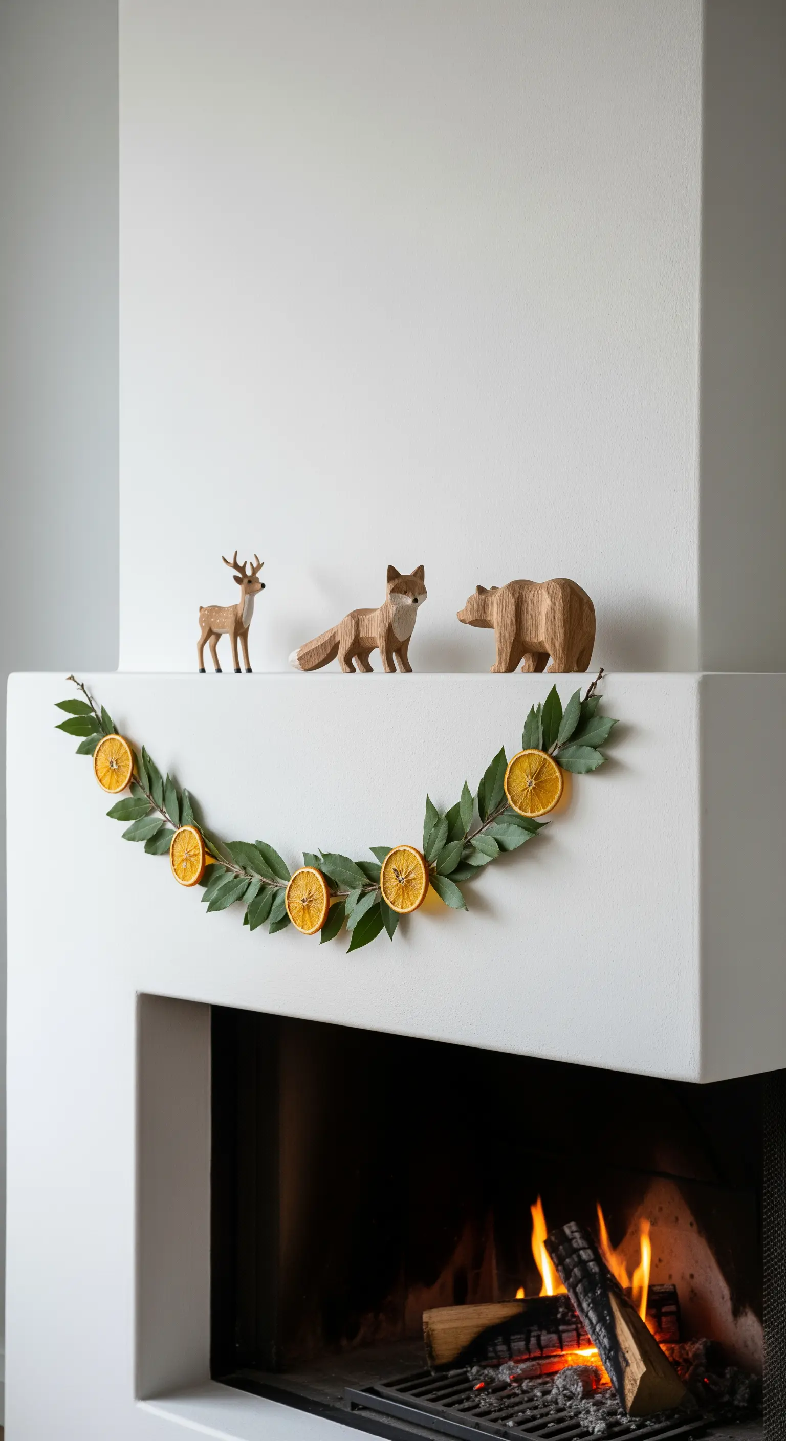 Kamin mit grüner Girlande, getrockneten Orangen und Holzfiguren