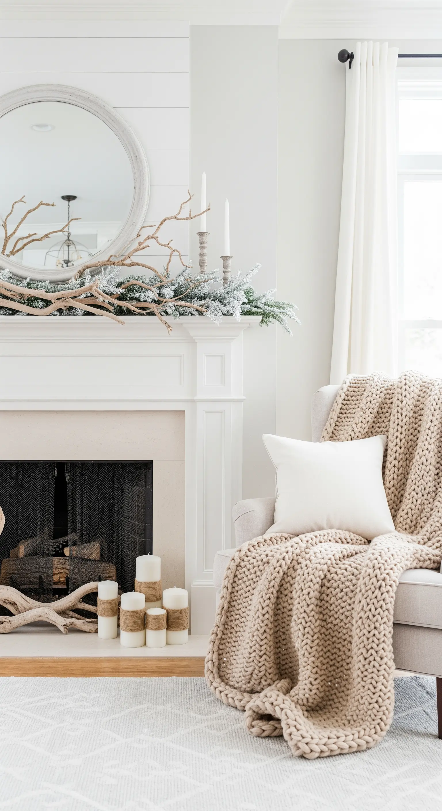 Helle Winterdeko mit gebleichten Ästen, Kunstschnee und Jute-Kerzen.