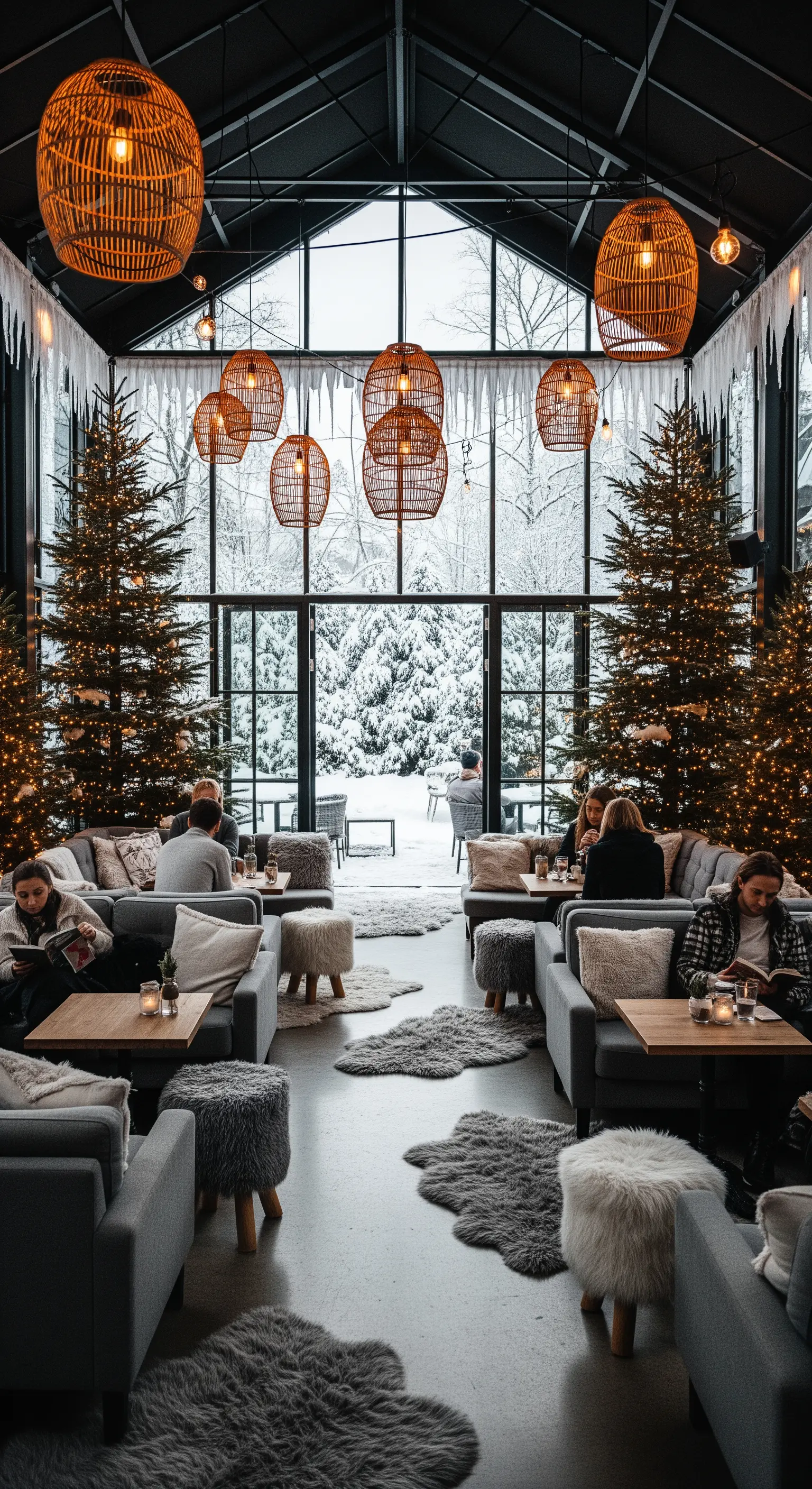 Lounge-Bereich mit Sofas, Schaffellen, Weihnachtsbäumen und Weidenlampen