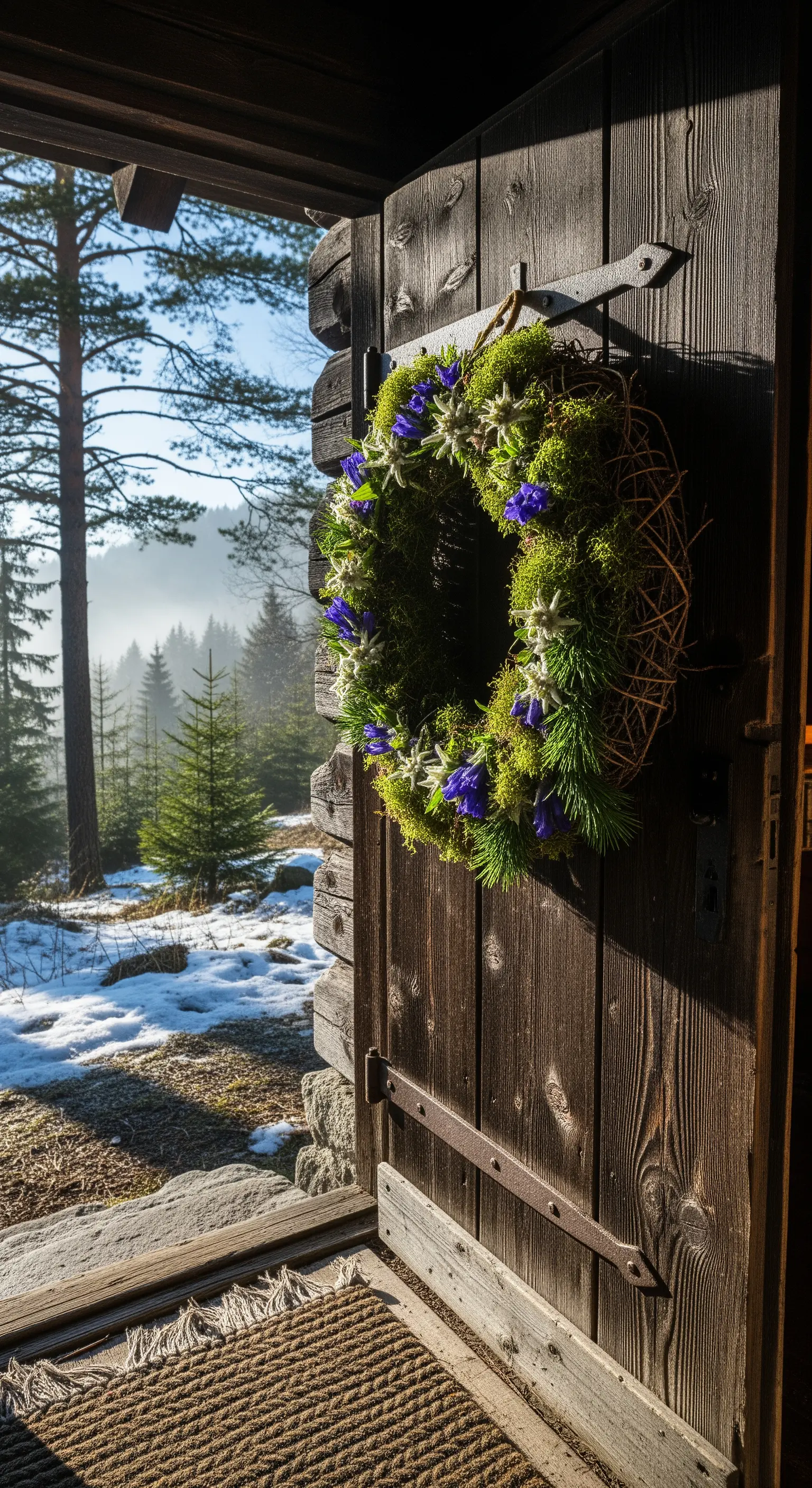 Moos-Zweigkranz mit blauen Blüten an rustikaler Holztür im Schnee