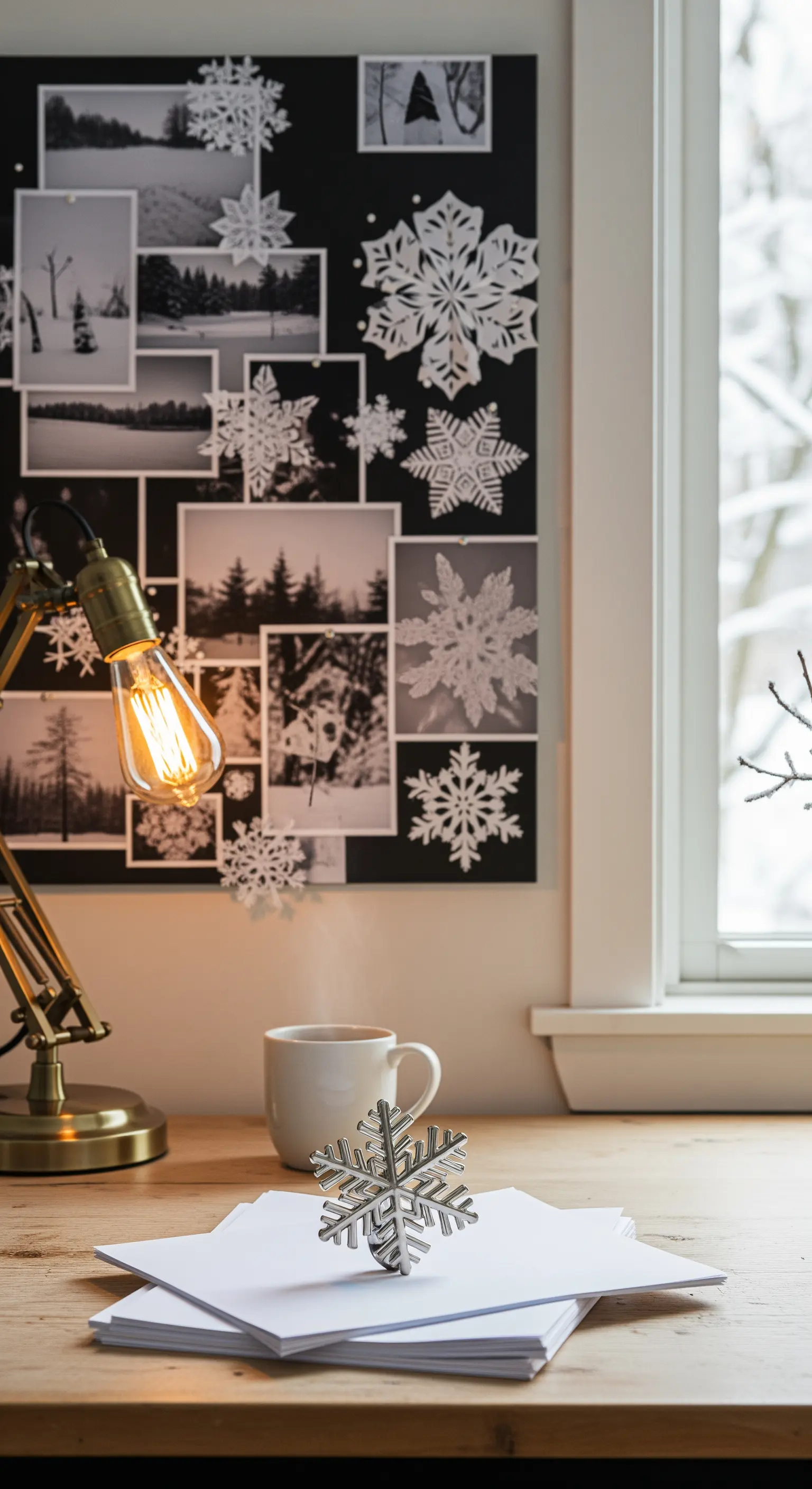 Schreibtisch mit Pinnwand aus Winterfotos und Papier-Schneeflocken, Schreibtischlampe und Becher