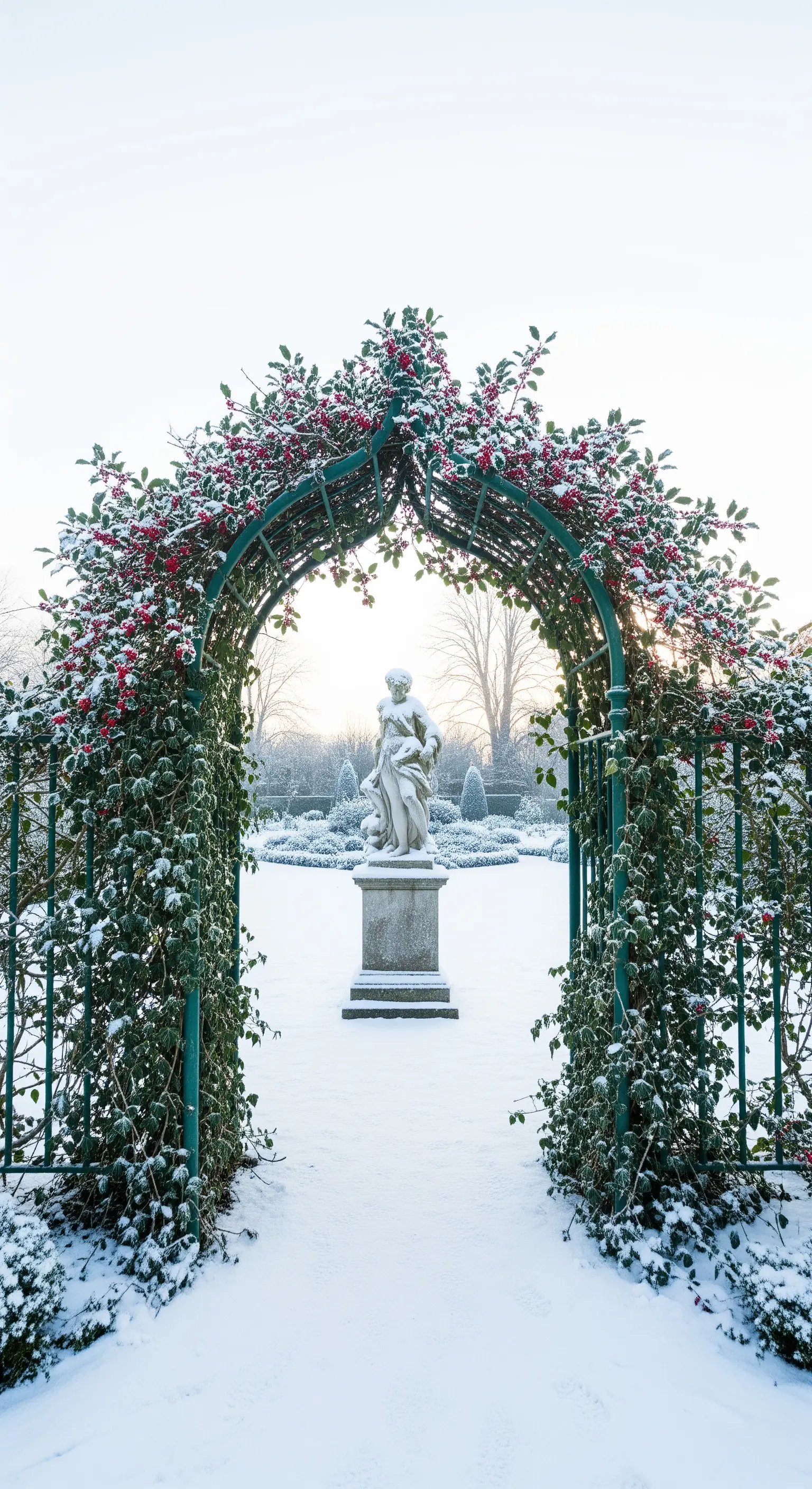 Stechpalmenbogen, Efeu, Winterszene, festliche Gartendeko
