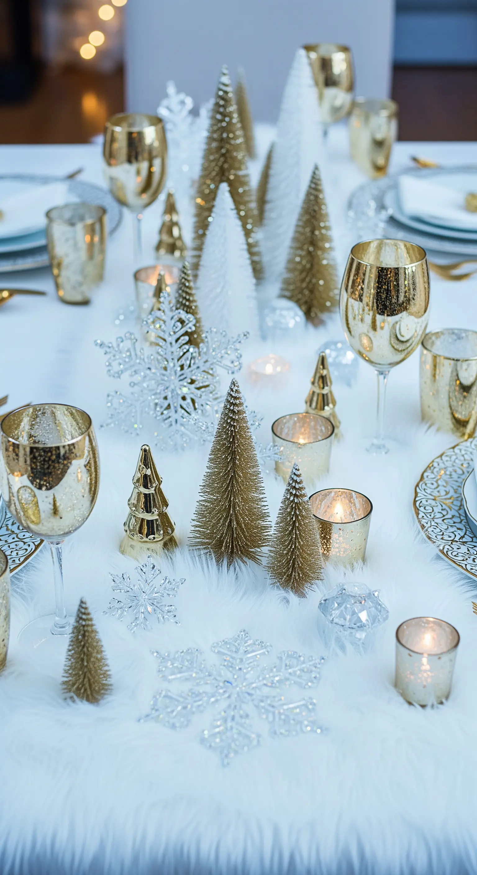Winterliche Tischdeko auf weißem Kunstfell mit goldenen Tannenbäumen und Schneeflocken