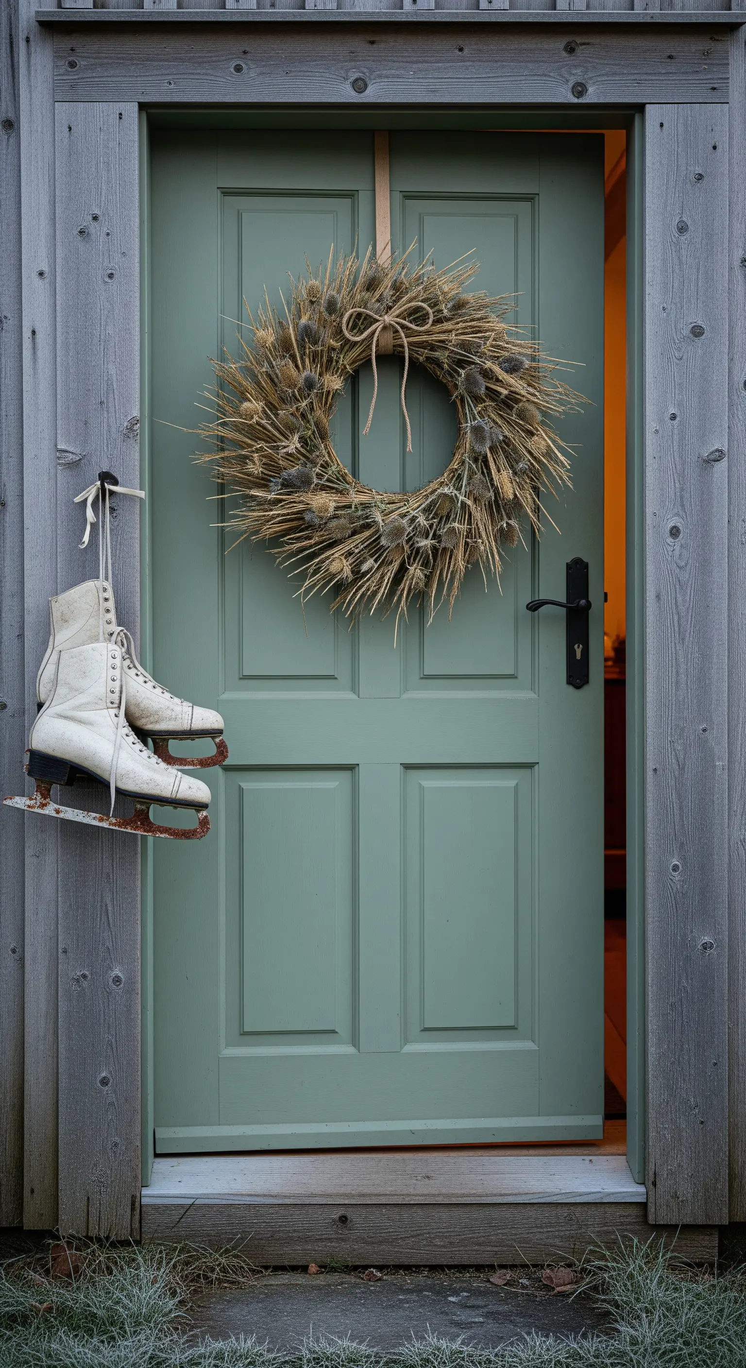 Distel-Strohkranz an salbeigrüner Tür, aufgehängte Vintage-Schlittschuhe