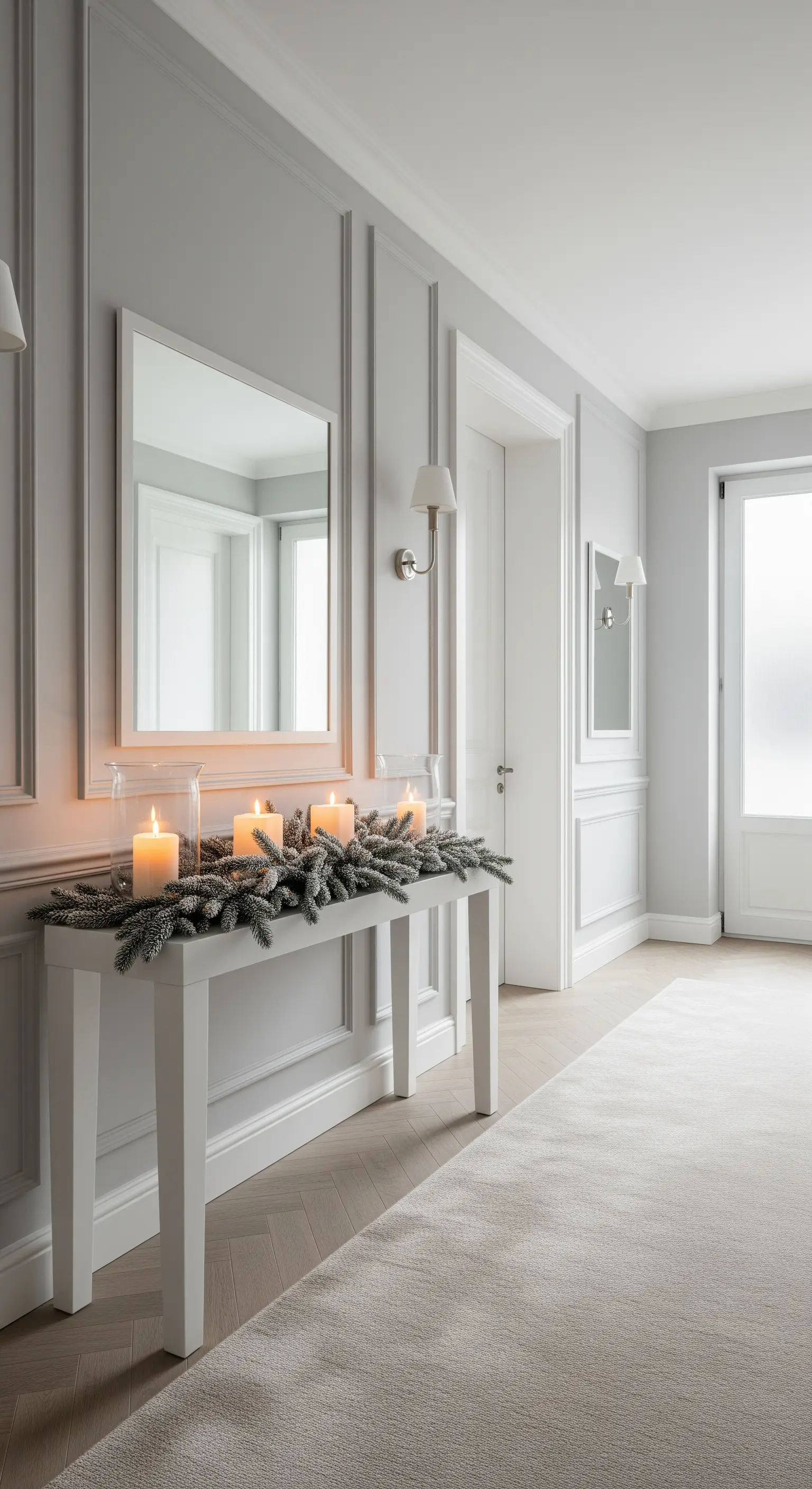 Konsolentisch mit Kerzen, Girlande und Spiegel in Grau-Weiß-Tönen.