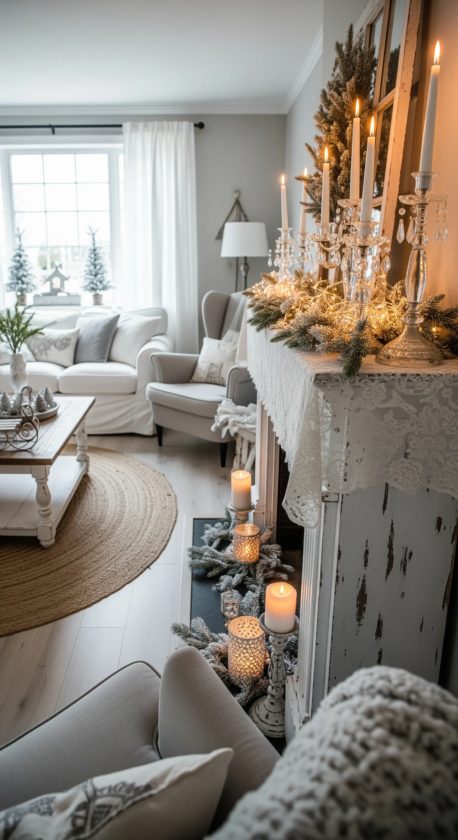 Spitzenläufer, Kristallkerzenleuchter, beleuchtete Bäumchen auf weißem Kamin