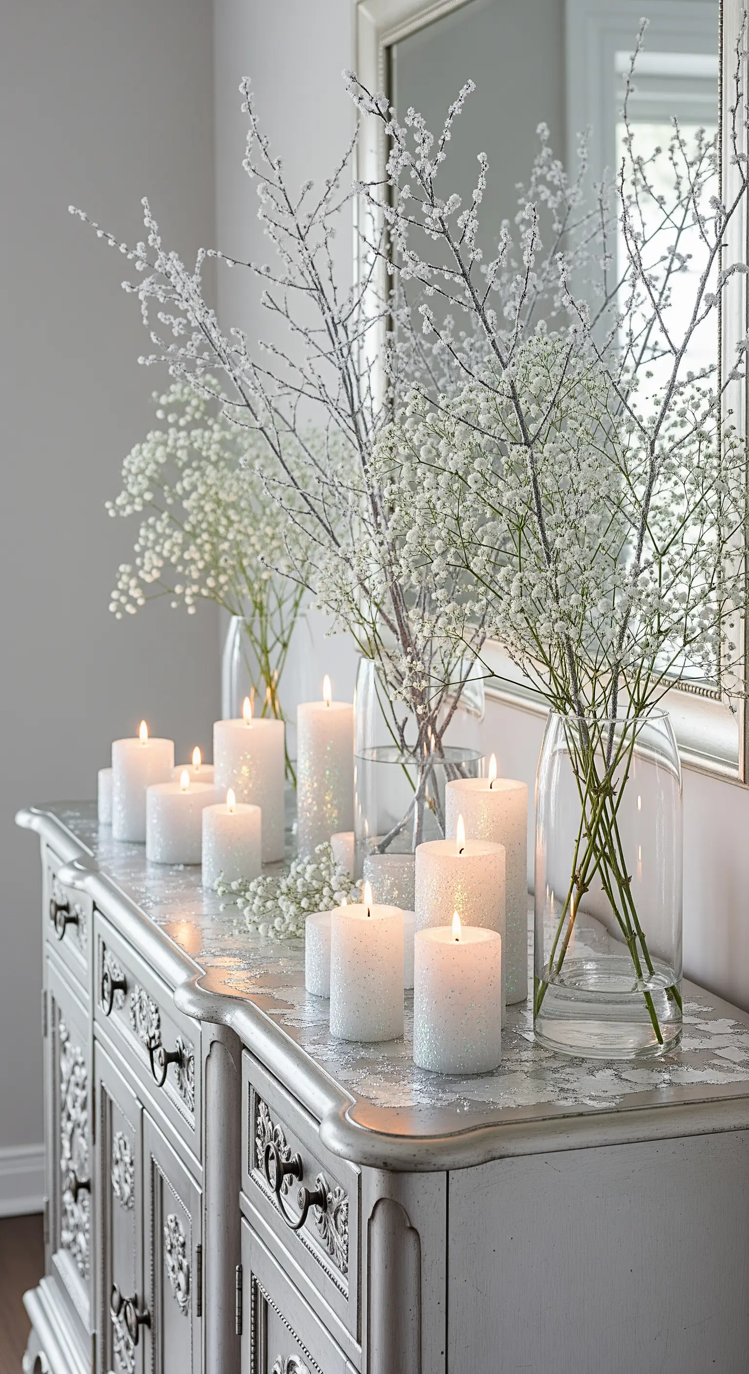 Weiße und silberne Weihnachtsdeko mit Glitzerzweigen und Schleierkraut.