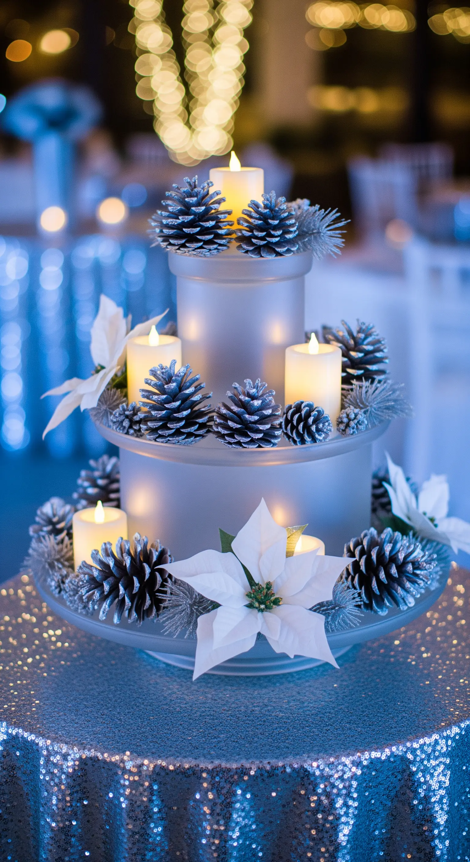 Winterliche Etagere mit Kerzen, verschneiten Tannenzapfen und weißen Weihnachtssternen.