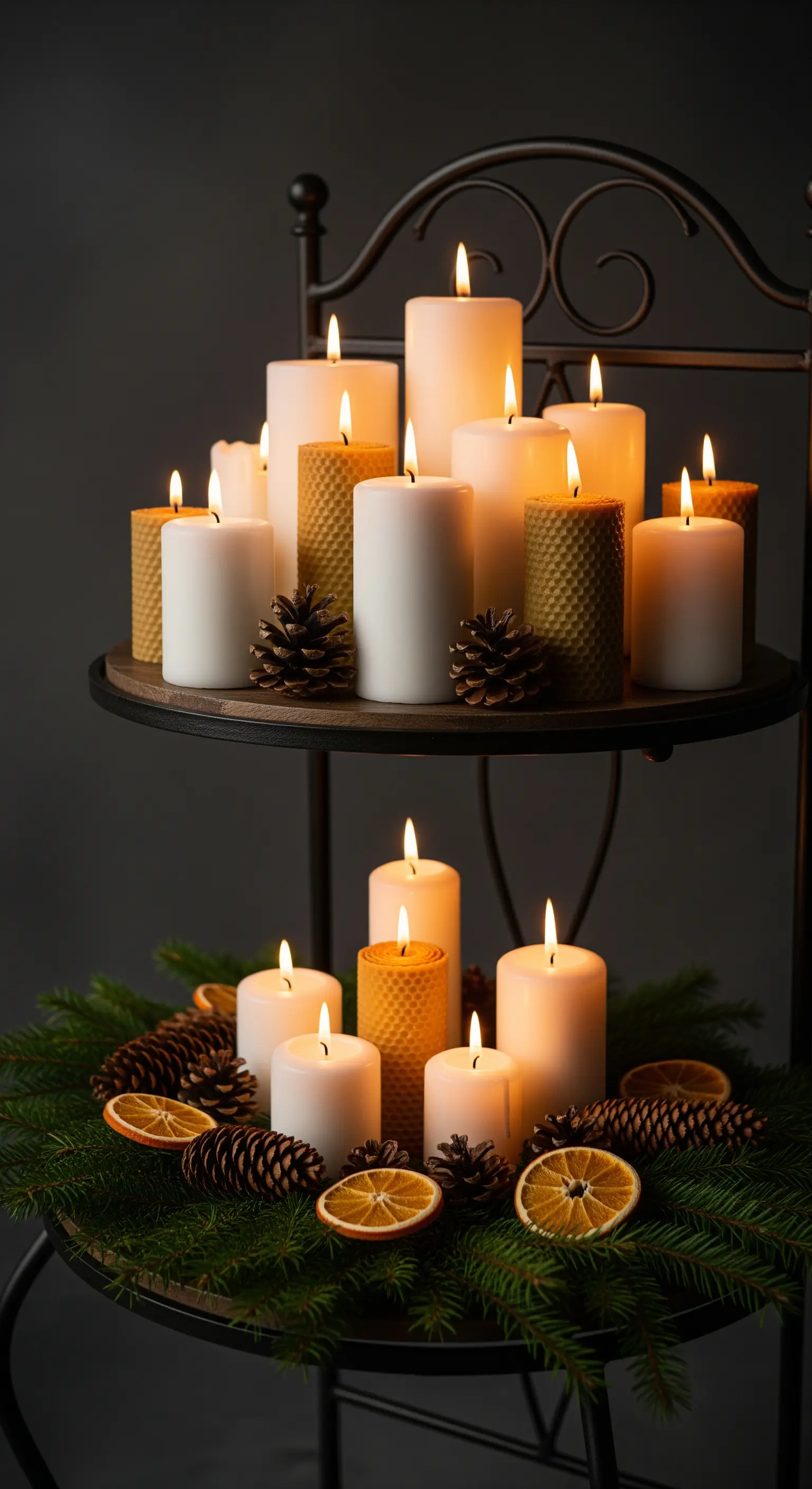 Dunkle Etagere mit vielen brennenden Kerzen, Tannenzweigen und Zapfen.