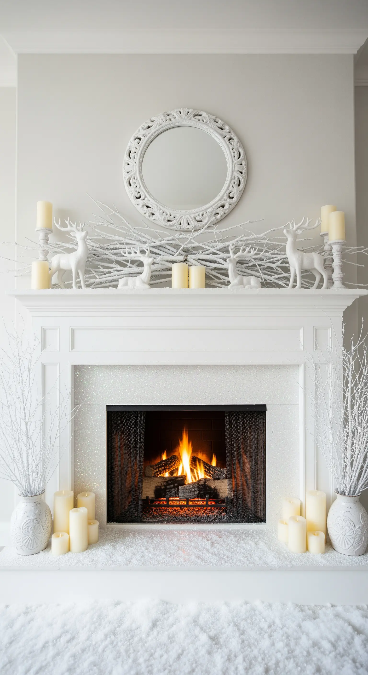 Komplett weiße Kamin-Deko mit Kunstschnee, weißen Rentieren und Ästen.
