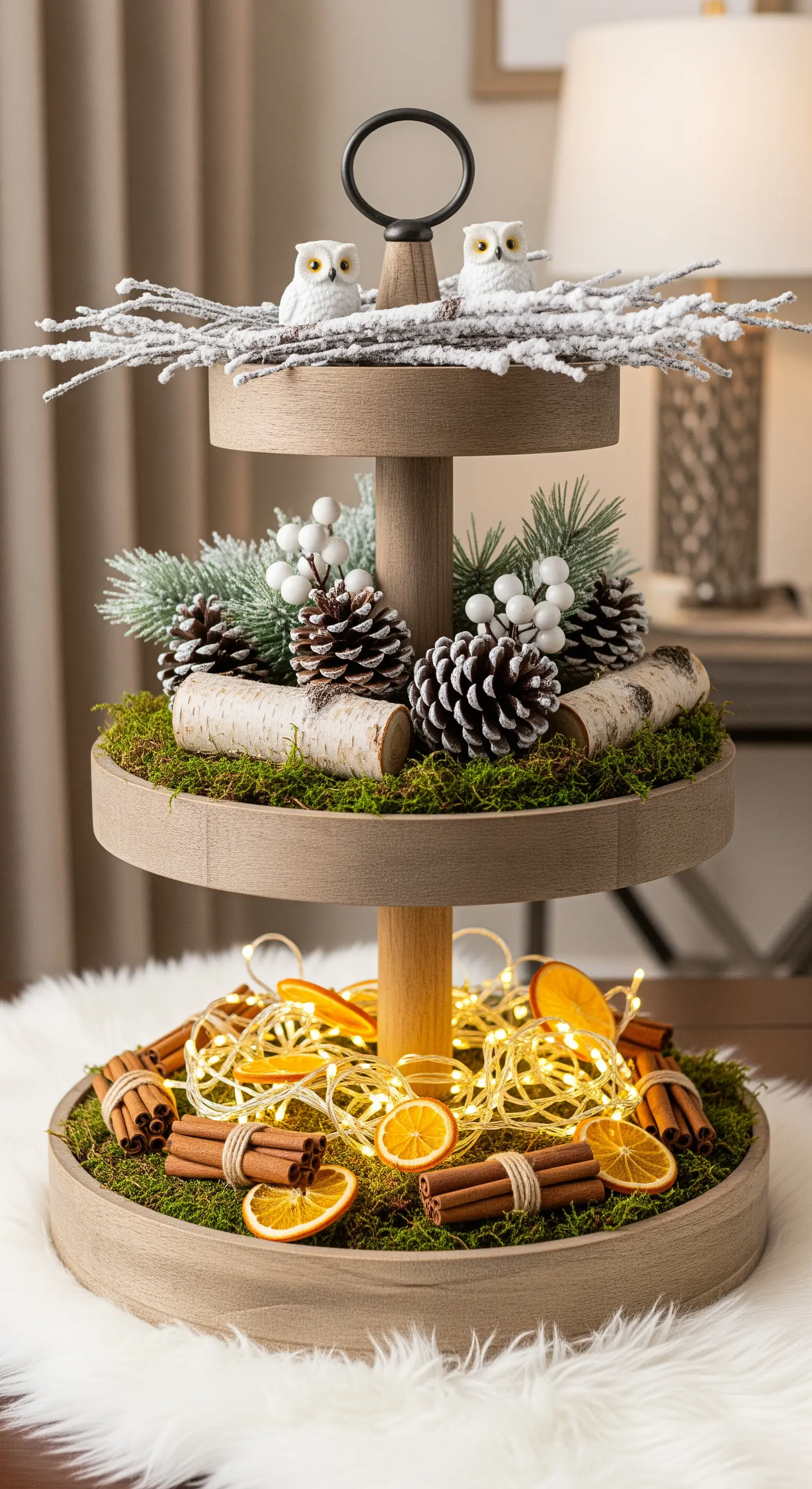 Rustikale Holz-Etagere mit Moos, Zapfen, Zimtstangen und Lichterkette.