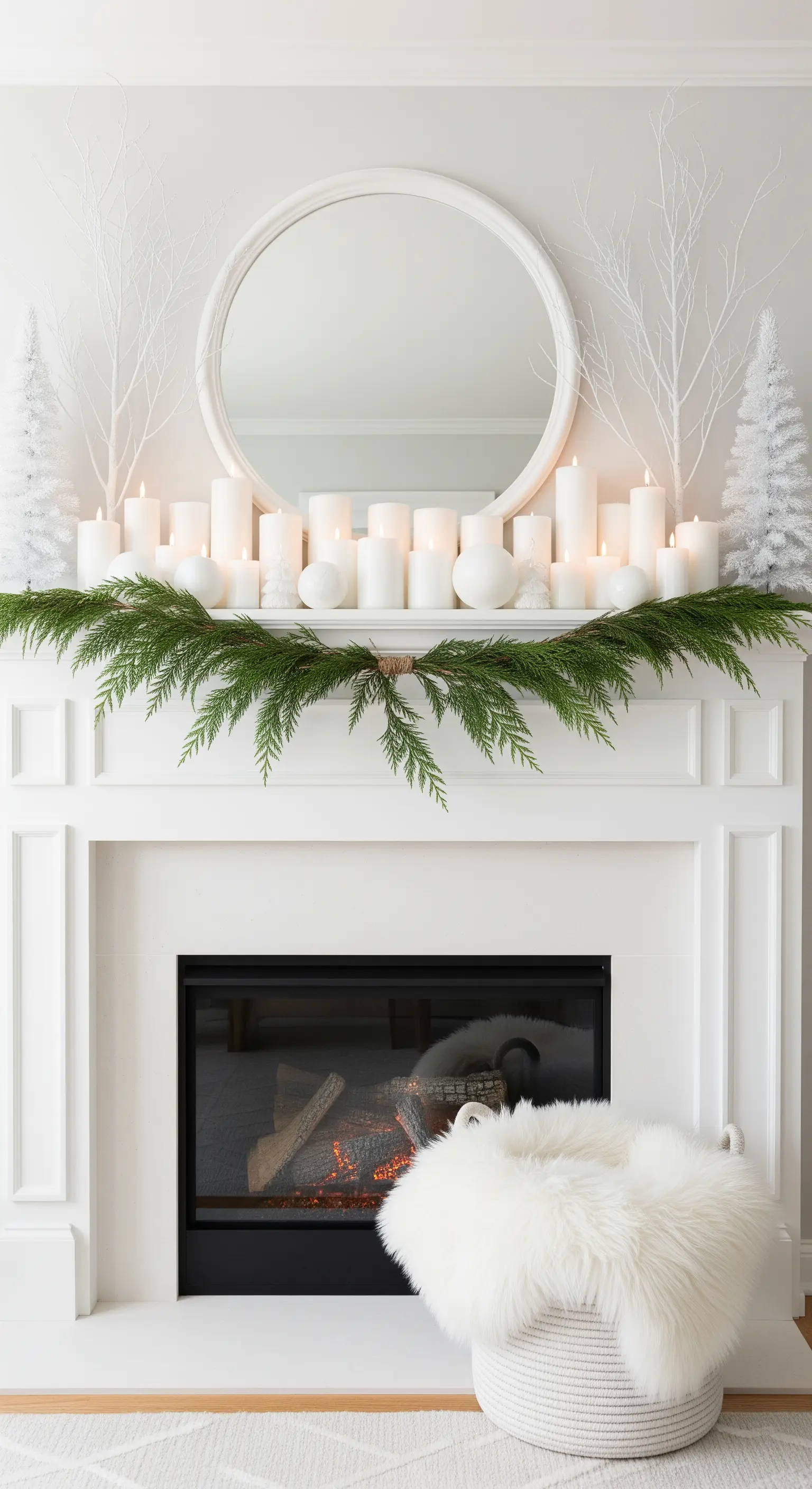 Weißer Kamin mit vielen weißen Kerzen, einer Tannengirlande und einem Fellkorb.